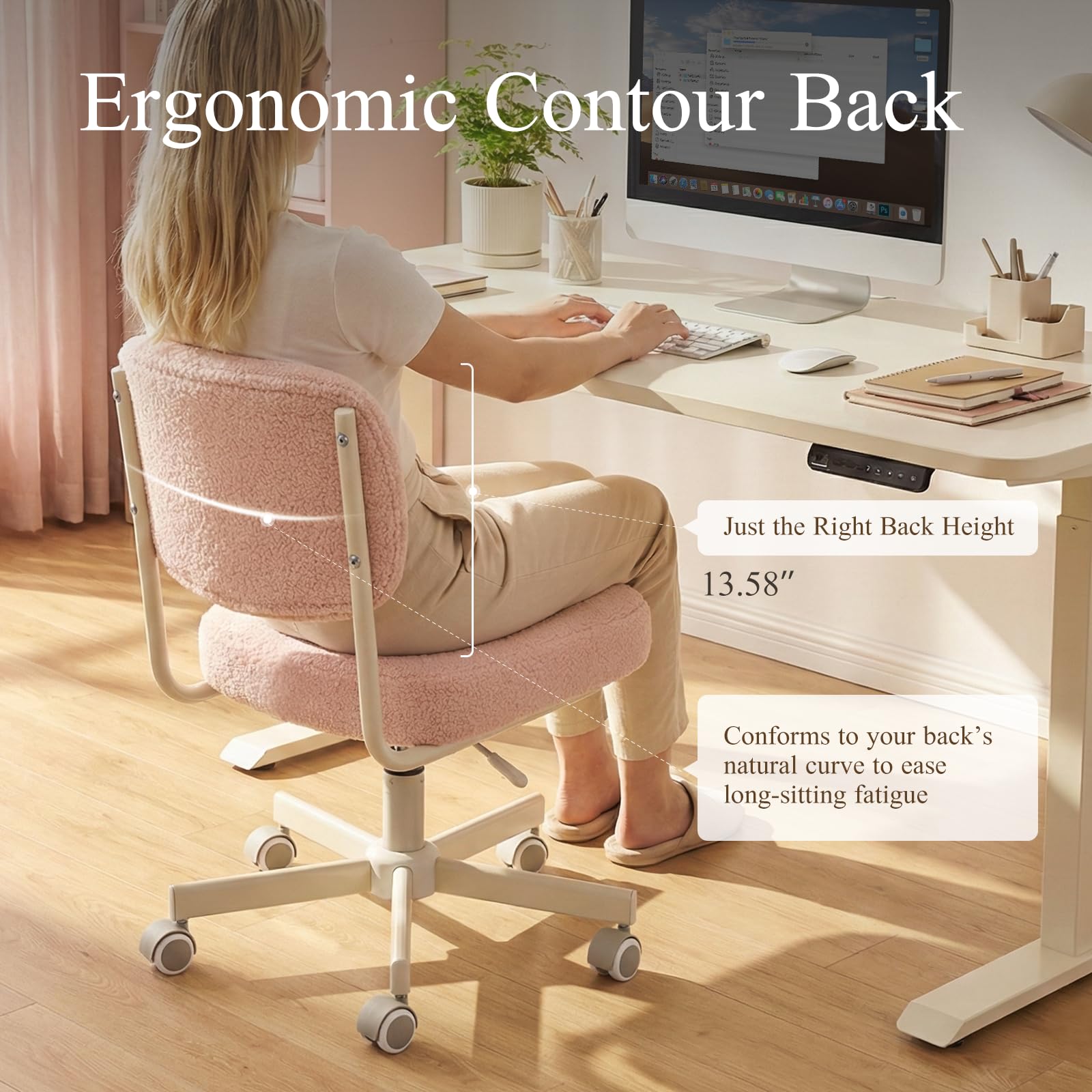 Vanity Chair with Wheels, Cute Armless Desk Chair with Back, Height Adjustable Swivel Small Office Chair, Comfy Velvet Computer Task Chair for Bedroom, Study, Dressing Room Pink