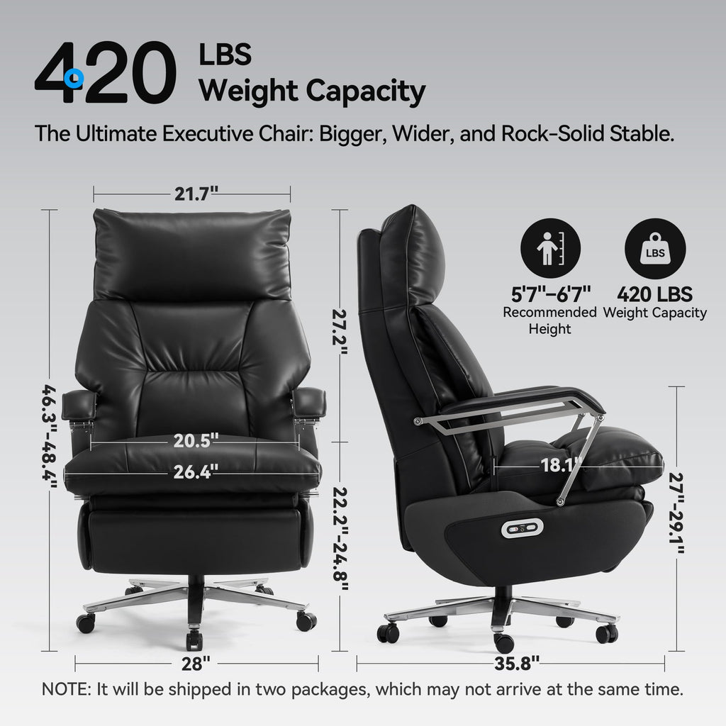 Dual Motor Electric Executive Office Chair with Heat Massage Ventilation, Comfortable Reclining Office Chair Wide Seat, Ergonomic Leather Home Office Desk Chair (Black,Multi-Functionality)
