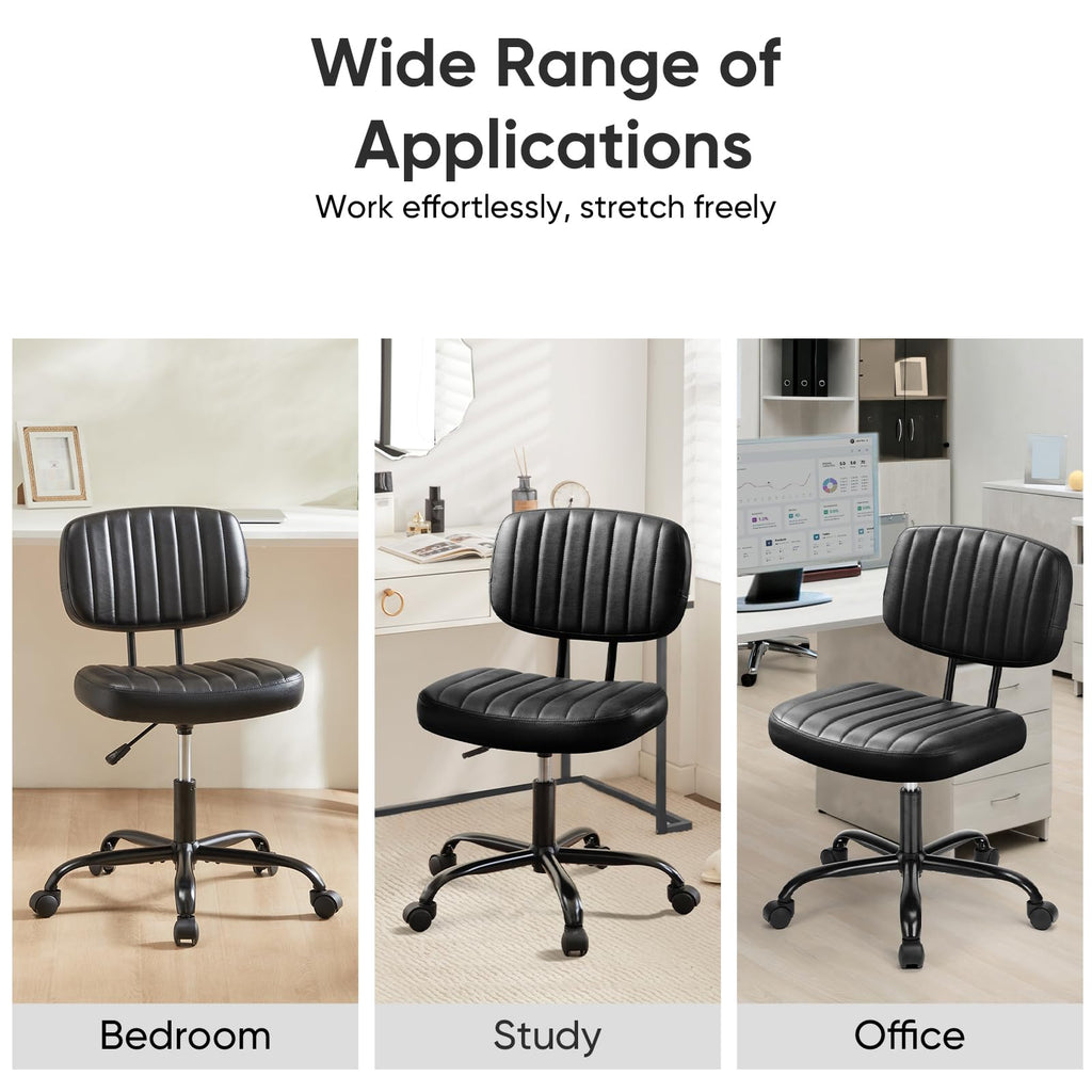 Small Armless Desk Chair with Low Back Lumbar Support, Height Adjustable PU Leather Computer Task Chair with 360° Swivel Wheels, for Small Space, Adults, New Black