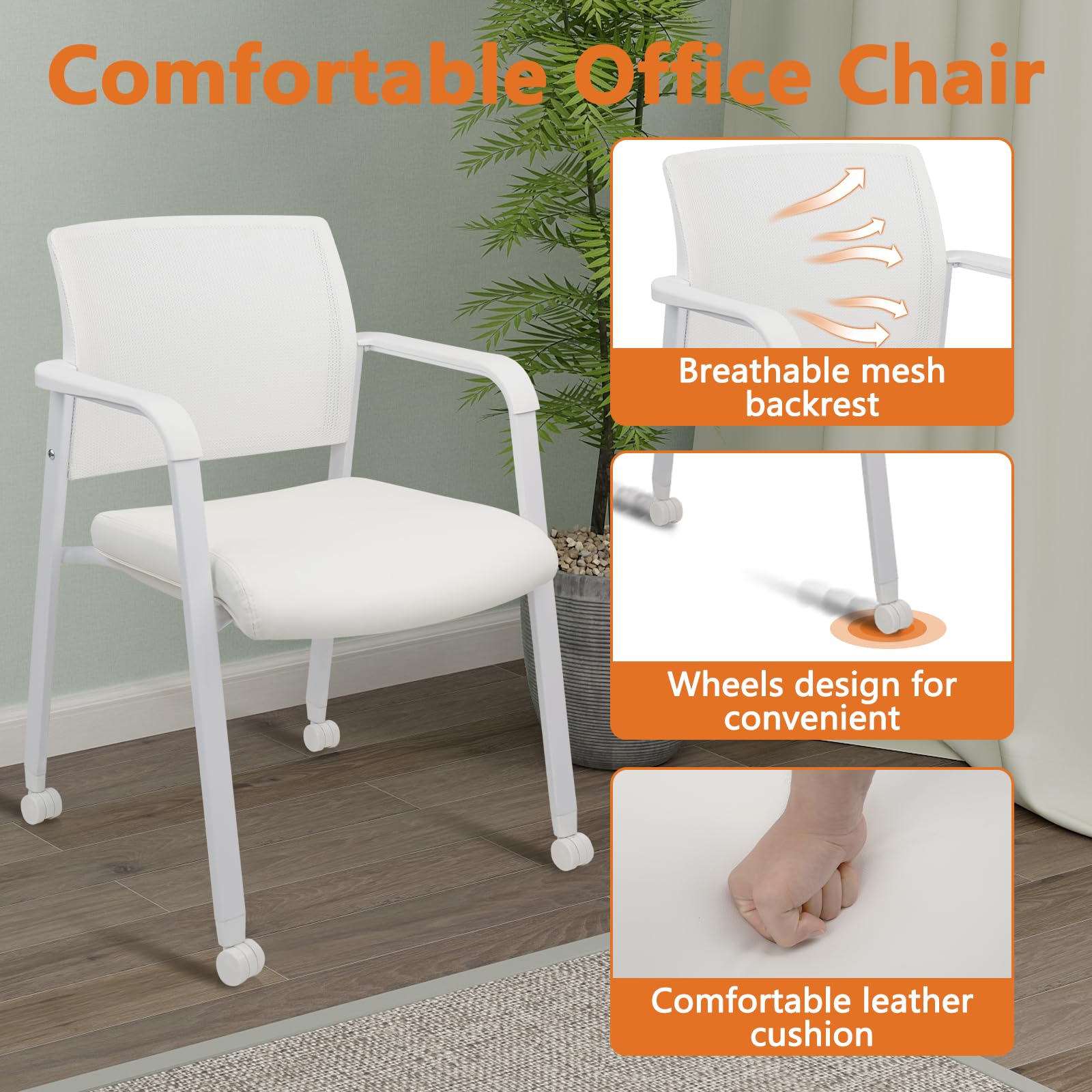 Set of 4, Stacking Office Chairs with Wheels | Mesh Back, Thicken Leather Seat and Streamline Armrests, Ergonomic Lumber Support | School, Desk, Guest Reception, Waiting, Conference | White