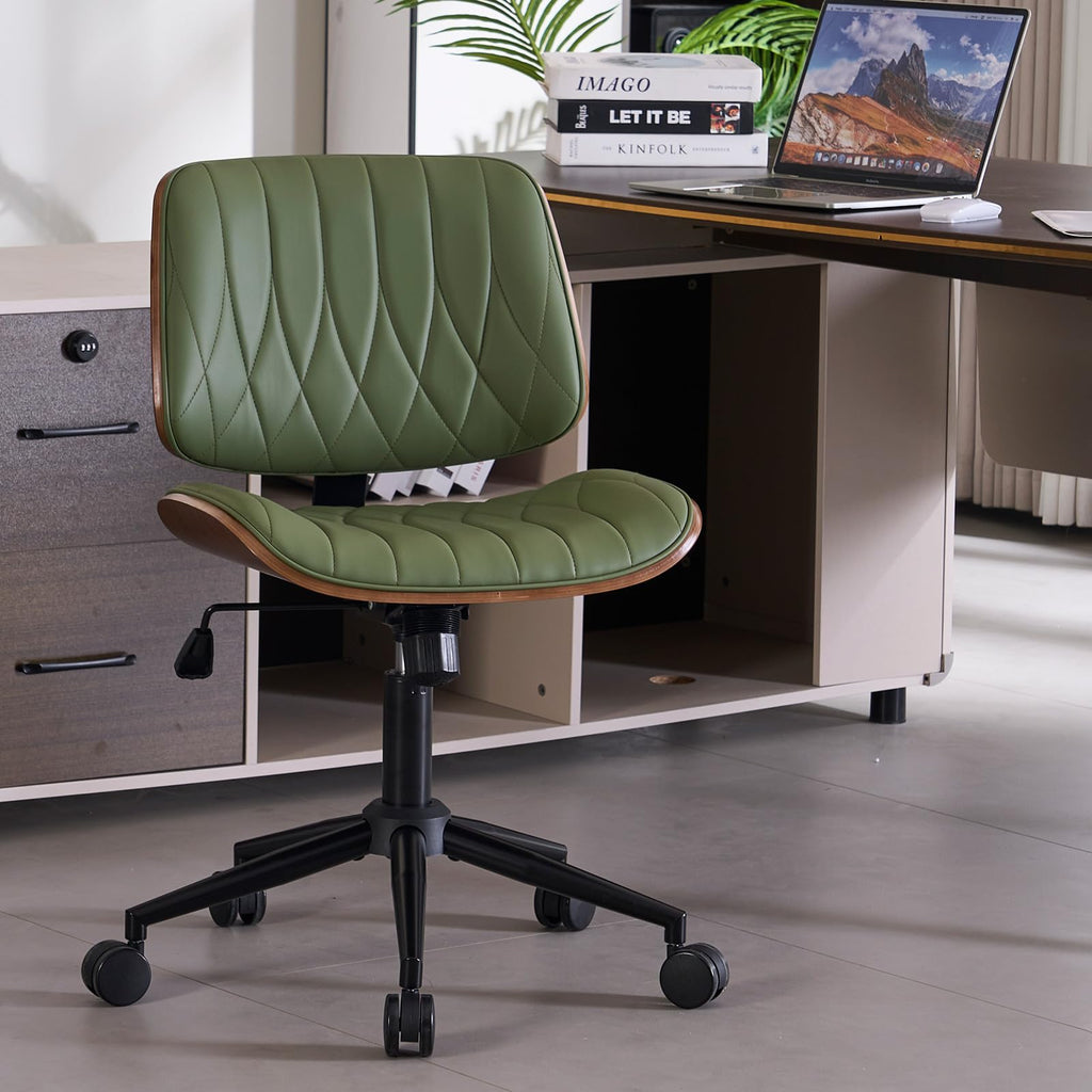 Armless Leather Desk Chair - Modern Office Chair no Arms, Vanity Chair, Mid Century PU Leather Task Chairs, Desk Chairs for Home Small Space, Dorm, Adjust Height Swivel with Wheels, Green