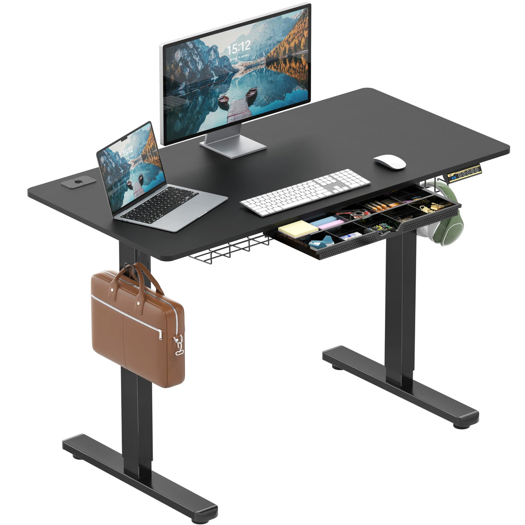 48-Inch Electric Height Adjustable Standing Desk with Drawer, Memory Preset and Cable Management Tray, Black