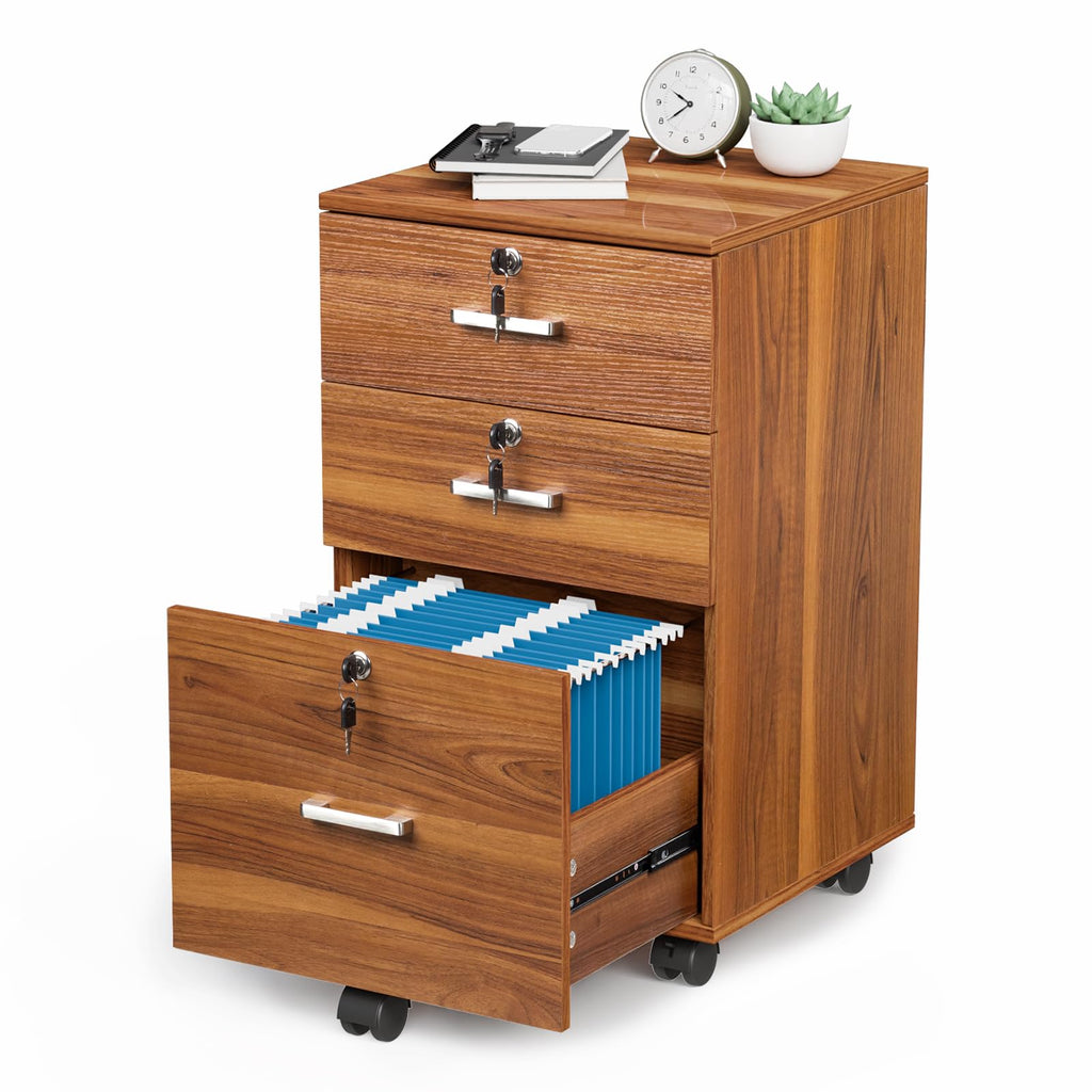 3-Drawer File Cabinet with Lock, Wood Rolling Filing Cabinets for Home Office, Mobile Printer Stand, Under Desk File Organizer for Letter Sized Files, 26" H(Caster Included), Walnut