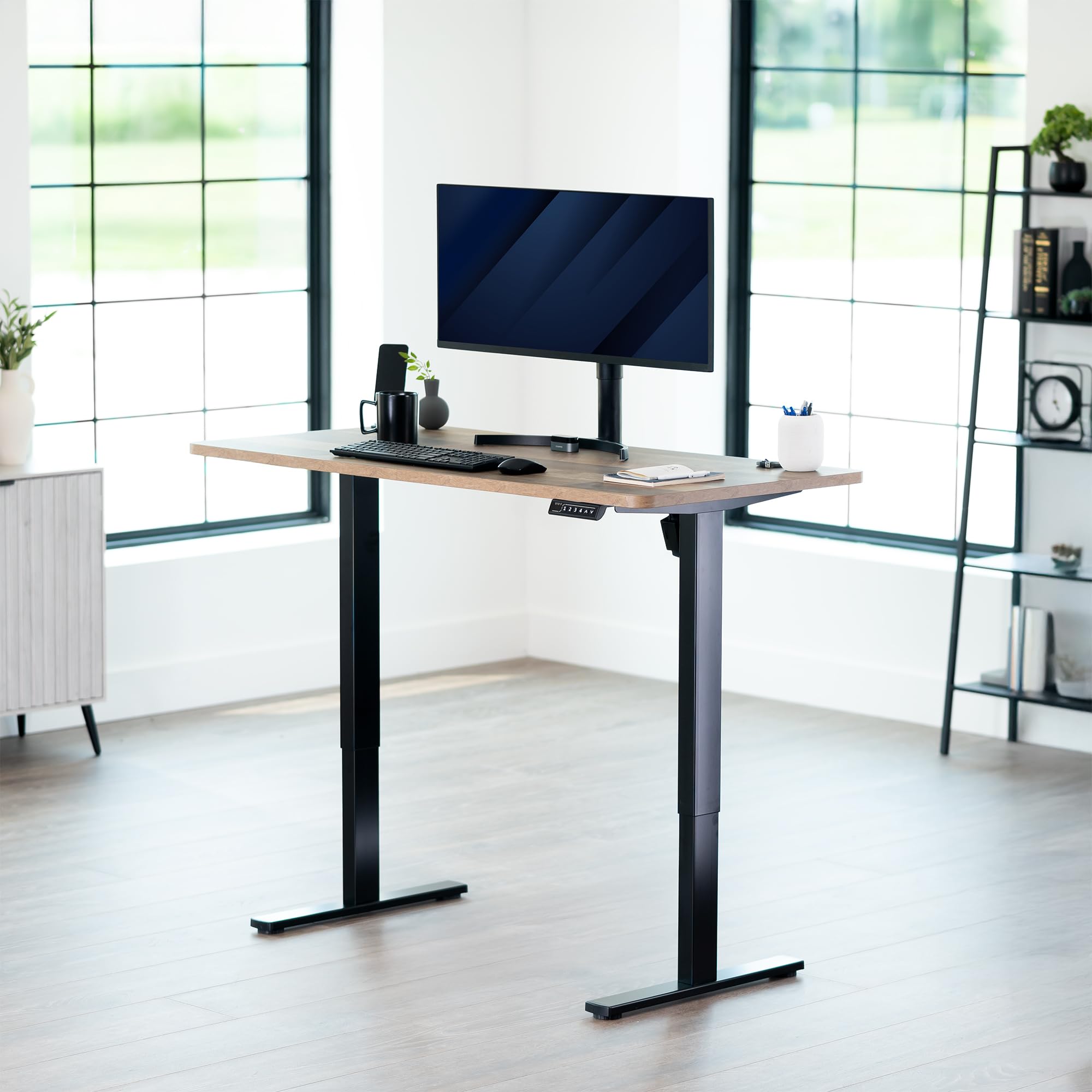 Electric 55 x 28 in Standing Desk, Memory Height Adjustment, 1B Series, Holds 220 lbs, One-Piece Reclaimed Wood Top, Black Frame