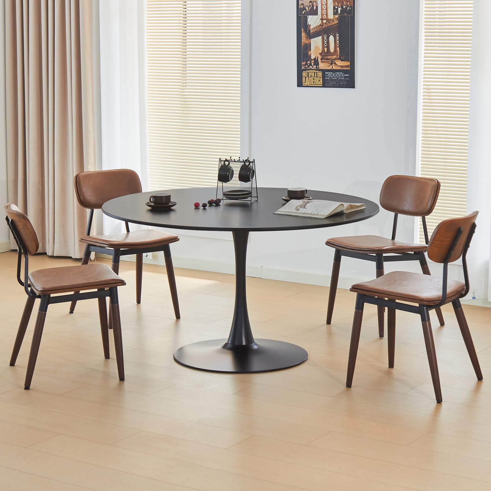 Hansweld 43.5" Tulip Table, Round Dining Table with Thickened Tabletop & Metal Pedestal, Mid Century Modern Bistro Circle Table for Kitchen, Small Places, Living Room, Cafe (Black)