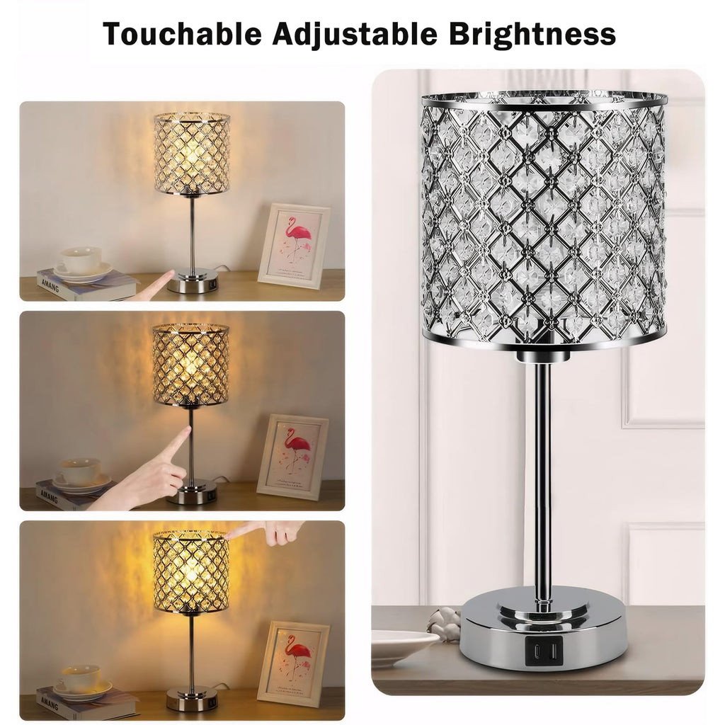 Crystal Bedside Table Lamp, Silver Touch Bedroom Lamp, USB C+A Ports
