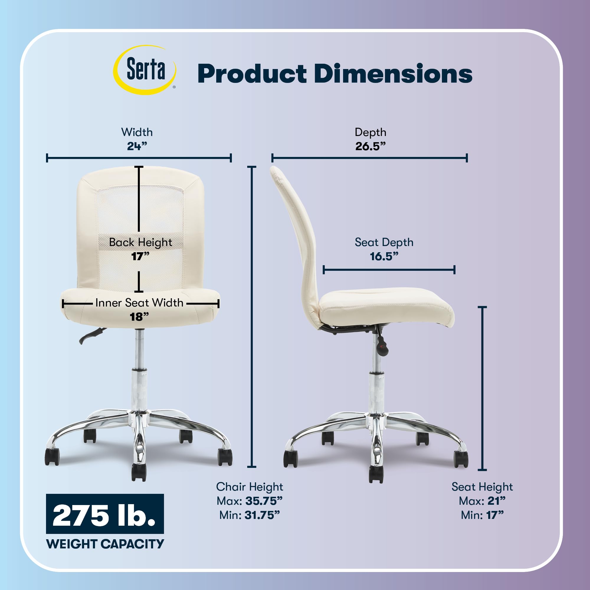 Essential Armless Chair, Small Desk Chairs with Wheels, Breathable Mesh Back and Faux Leather, Quality Foam Cushion Seat for Comfort, Minimal Design for Vanity Table, Cream White