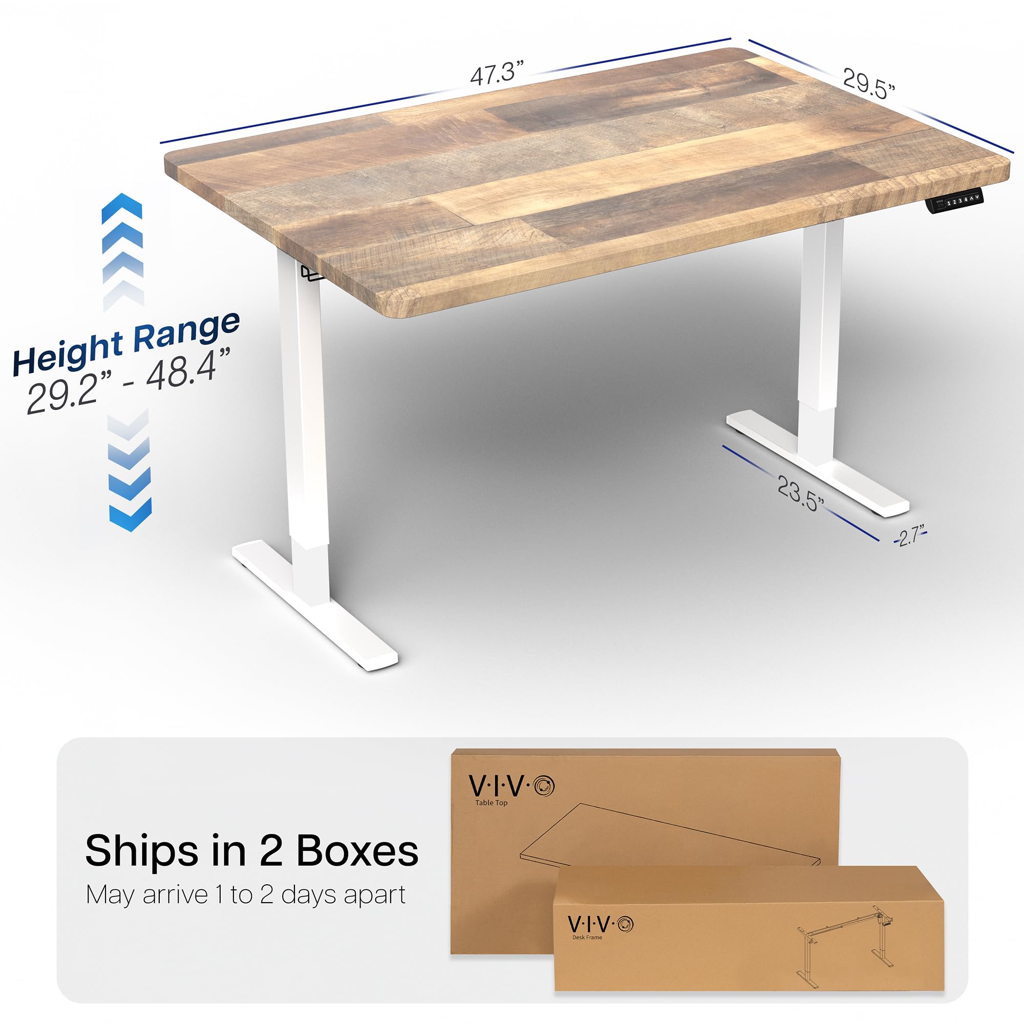 Electric 48 x 30 in Standing Desk, Memory Height Adjustment, 1B Series, Holds 220 lbs, One-Piece Reclaimed Wood Top, White Frame