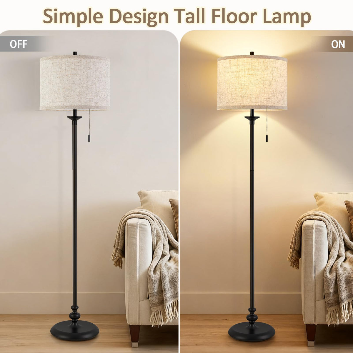 Black Floor Lamp, 60" Standing Lamp with Fabric Lampshade