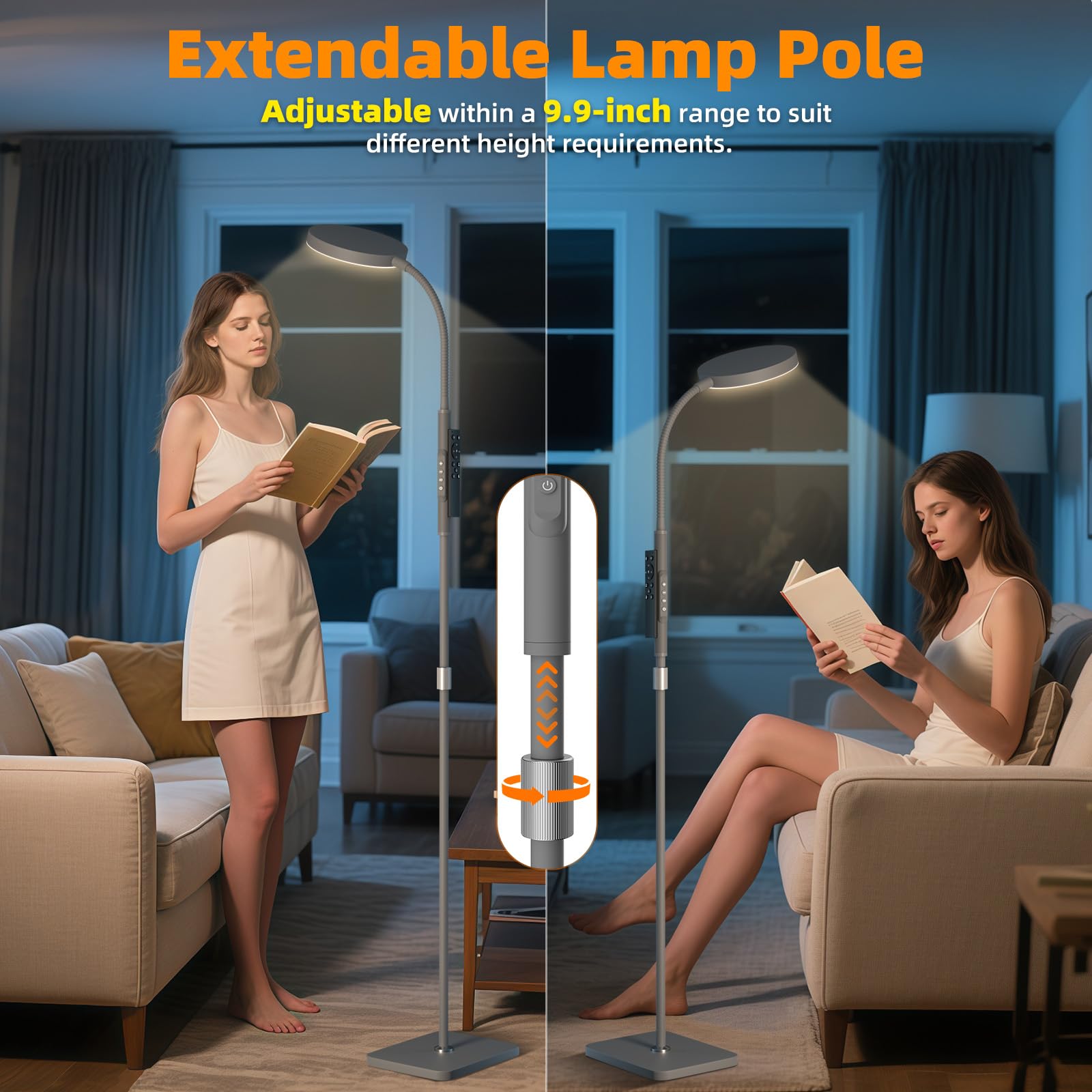 Floor Lamp, Adjustable Height Floor Lamps for Living Room Bedroom, 120 LED Super Bright Standing Lamp Remote Control Dimmable Gooseneck Tall Stand Reading Lamp for Office Craft, Matte Gray