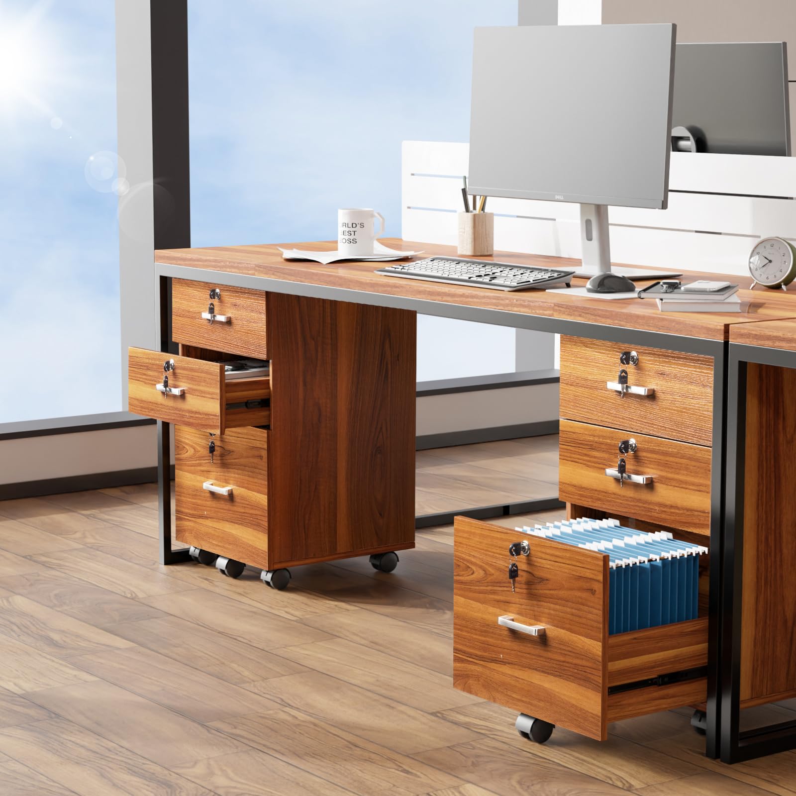 3-Drawer File Cabinet with Lock, Wood Rolling Filing Cabinets for Home Office, Mobile Printer Stand, Under Desk File Organizer for Letter Sized Files, 26" H(Caster Included), Walnut