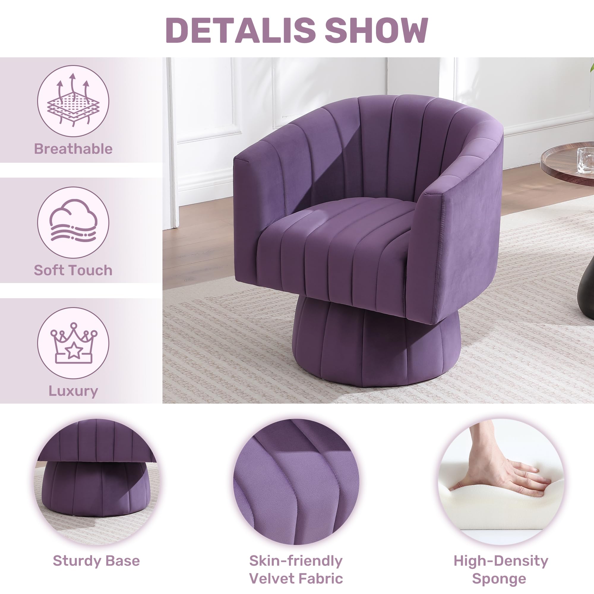 Swivel Accent Barrel Chair Set of 2, Cute Comfy Small Round 360° Arm Chair, Velvet Sofa Club Reading Chair for Office Living Room Bedroom Purple