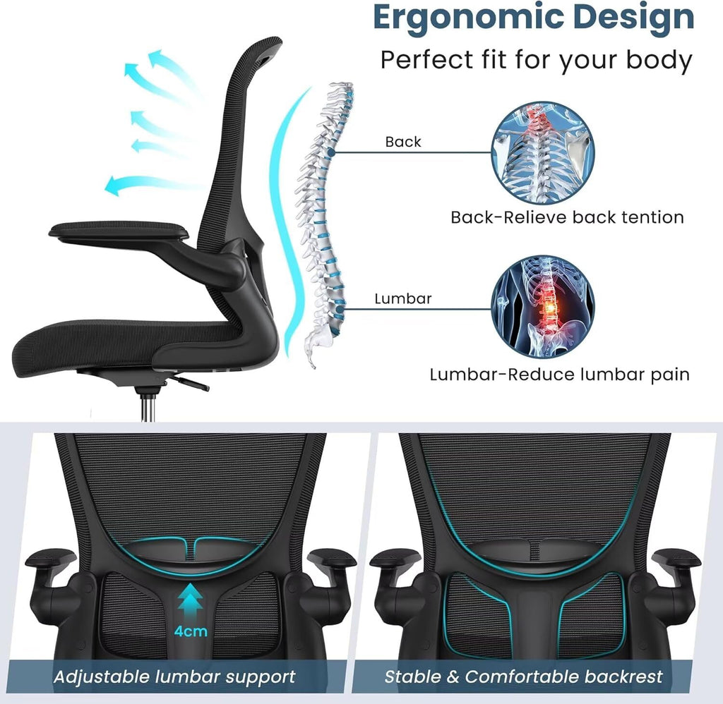Drafting Chair Tall Standing Desk Executive Ergonomic Computer Office Chair with Flip-Up Armrests, Adjustable Footrest Ring, Lumbar Support, Height Adjustable Swivel Chair for Home Office (Black)