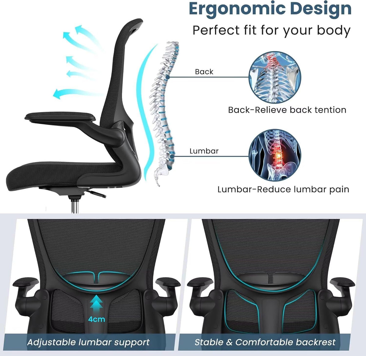 Drafting Chair Tall Standing Desk Executive Ergonomic Computer Office Chair with Flip-Up Armrests, Adjustable Footrest Ring, Lumbar Support, Height Adjustable Swivel Chair for Home Office (Black)