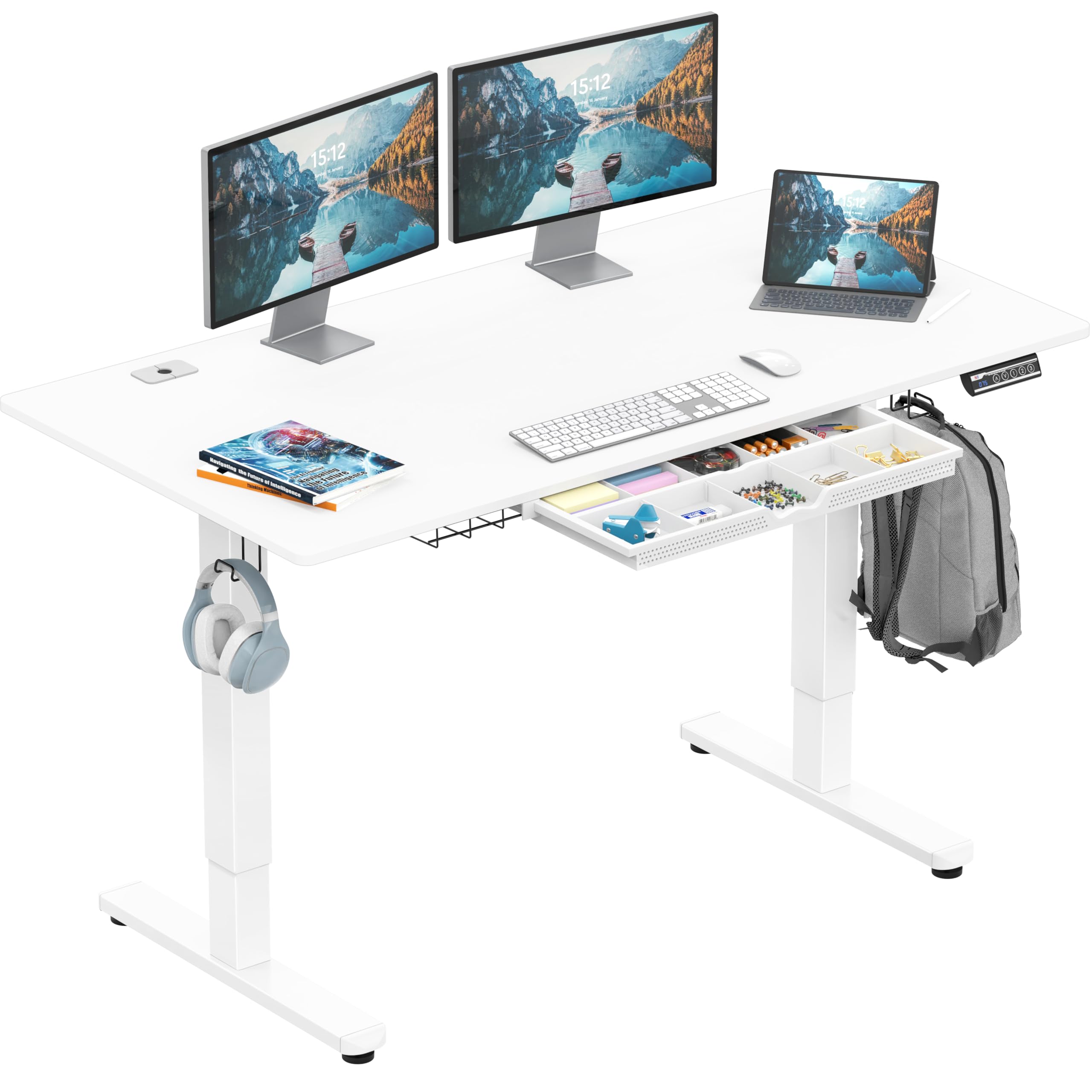 55 x 28 Inches Electric Height Adjustable Standing Desk with Drawer and Memory Preset, White