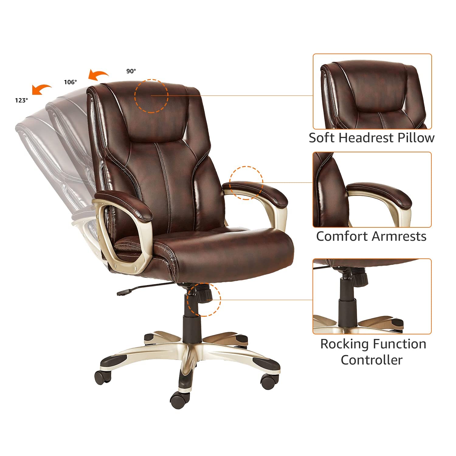 Executive High Back Office Chair, Adjustable Height, Tilt, Swivel, Padded Armrests, Brown/Gold