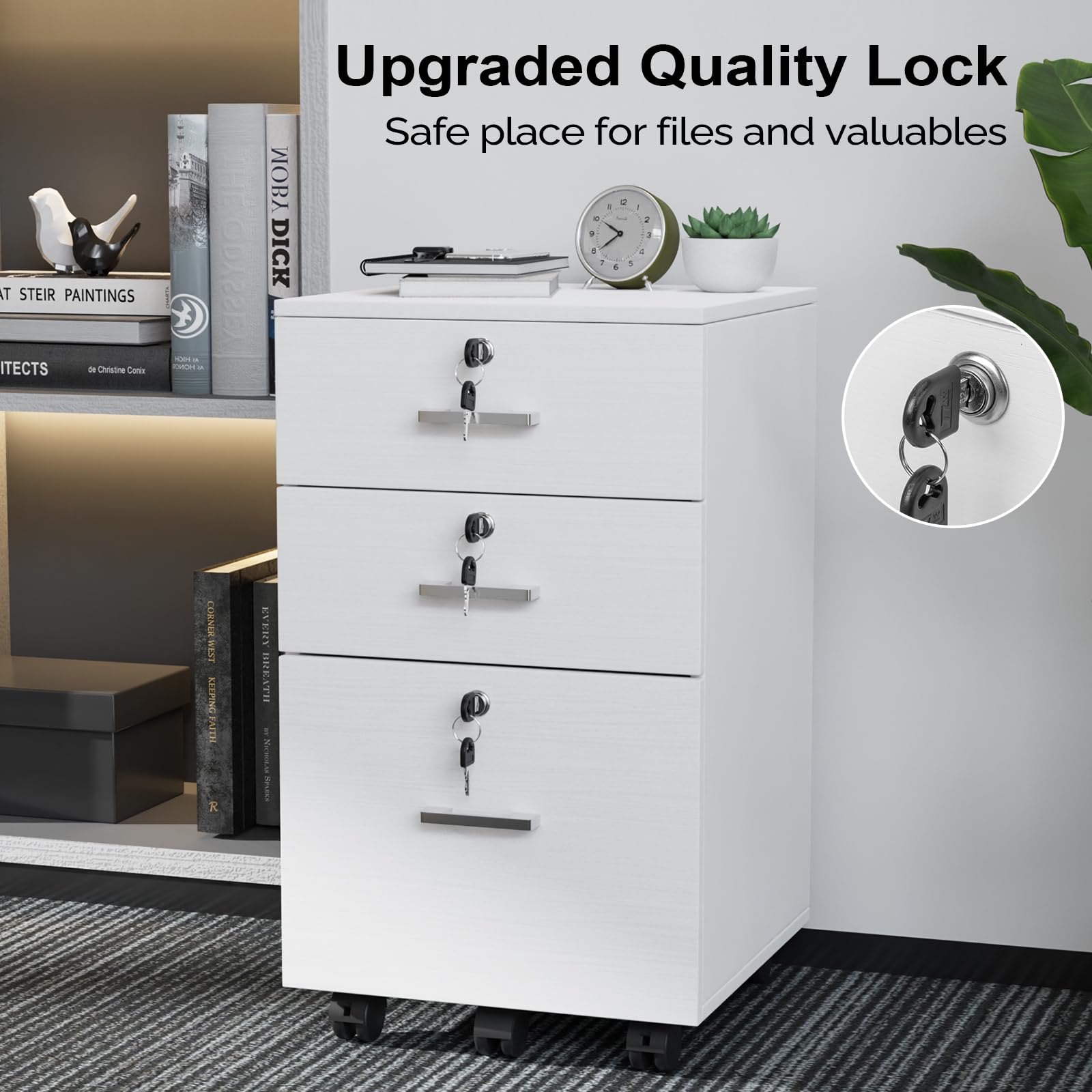 3-Drawer File Cabinet with Lock, Wood Rolling Filing Cabinets for Home Office, Mobile Printer Stand, Under Desk File Organizer for Letter Sized Files, 26" H(Caster Included), White