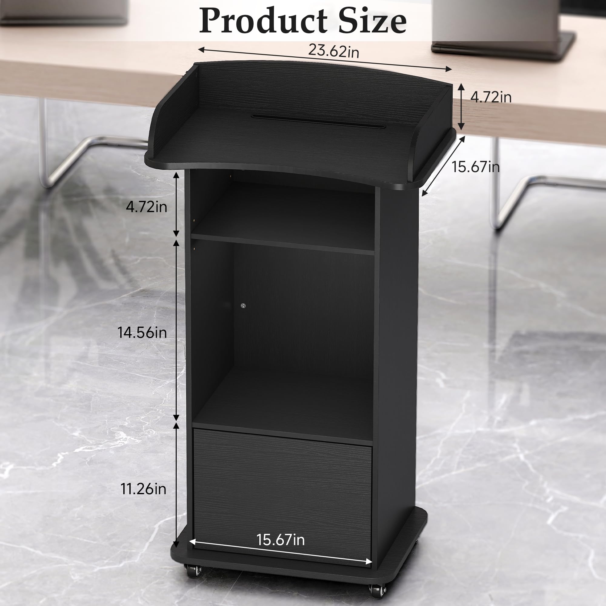 Portable Podium Stand with 4 Metal Wheels, Mobile Lectern Stand with Storage for Church Classroom Restaurant Reception Office Presentation, Wooden Pulpit Desk for Hostess Teacher (Black)
