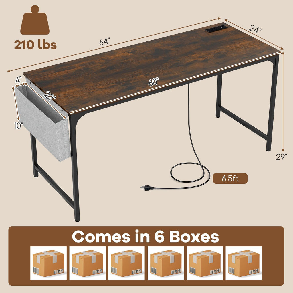 60" Conference Desk Set of 6, Modern Boardroom Desk with Storage Bag, Headphone Hook, Sturdy Metal Frame, Rectangular Seminar Table with Charging Station