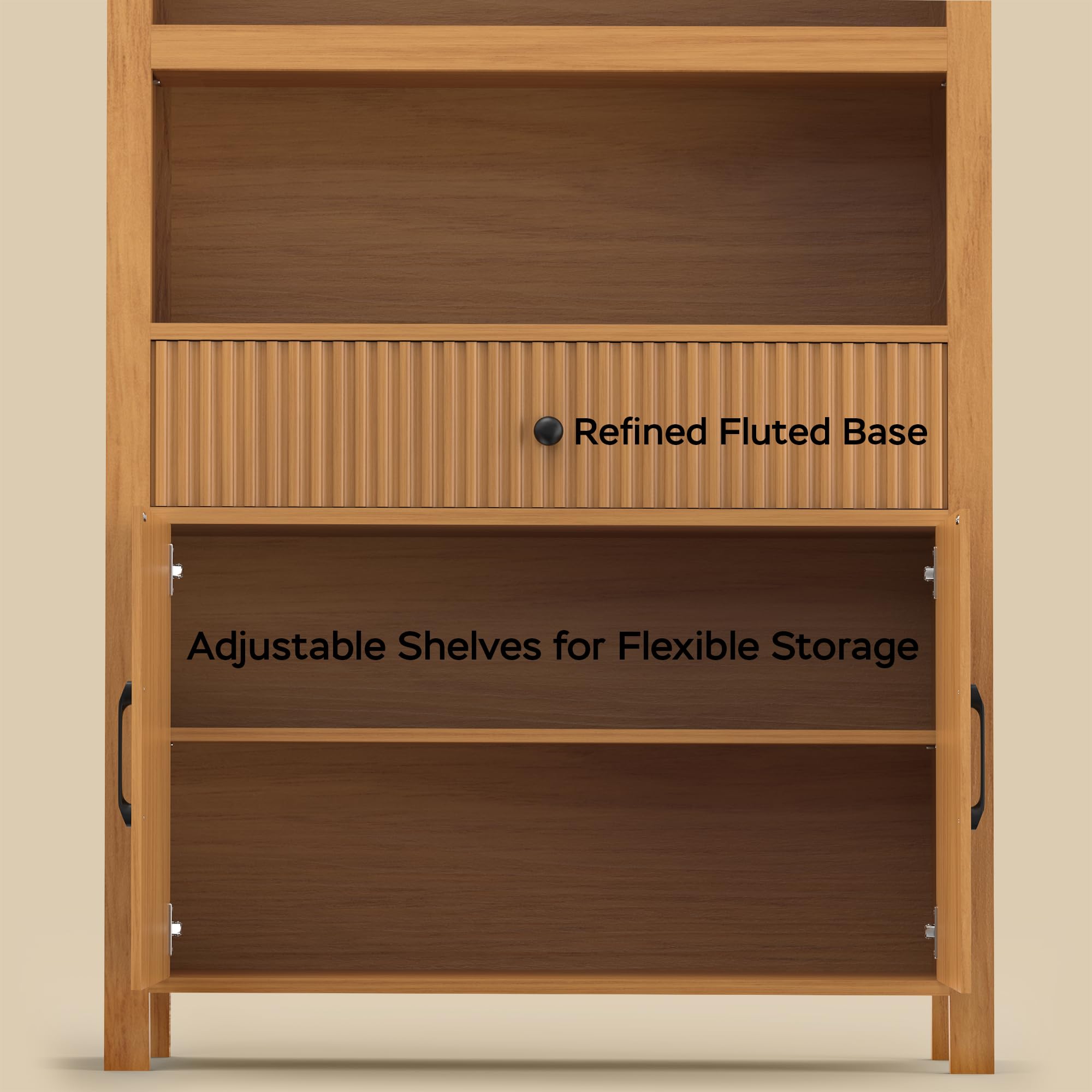 Book Shelf 70" Tall Bookcase with Drawer, 7-Tier Arched Cabinet with Storage and Fluted Door, Mid-Century Modern Modular Arch Bookshelf for Office Living Room Bedroom Library (Oak, 1)