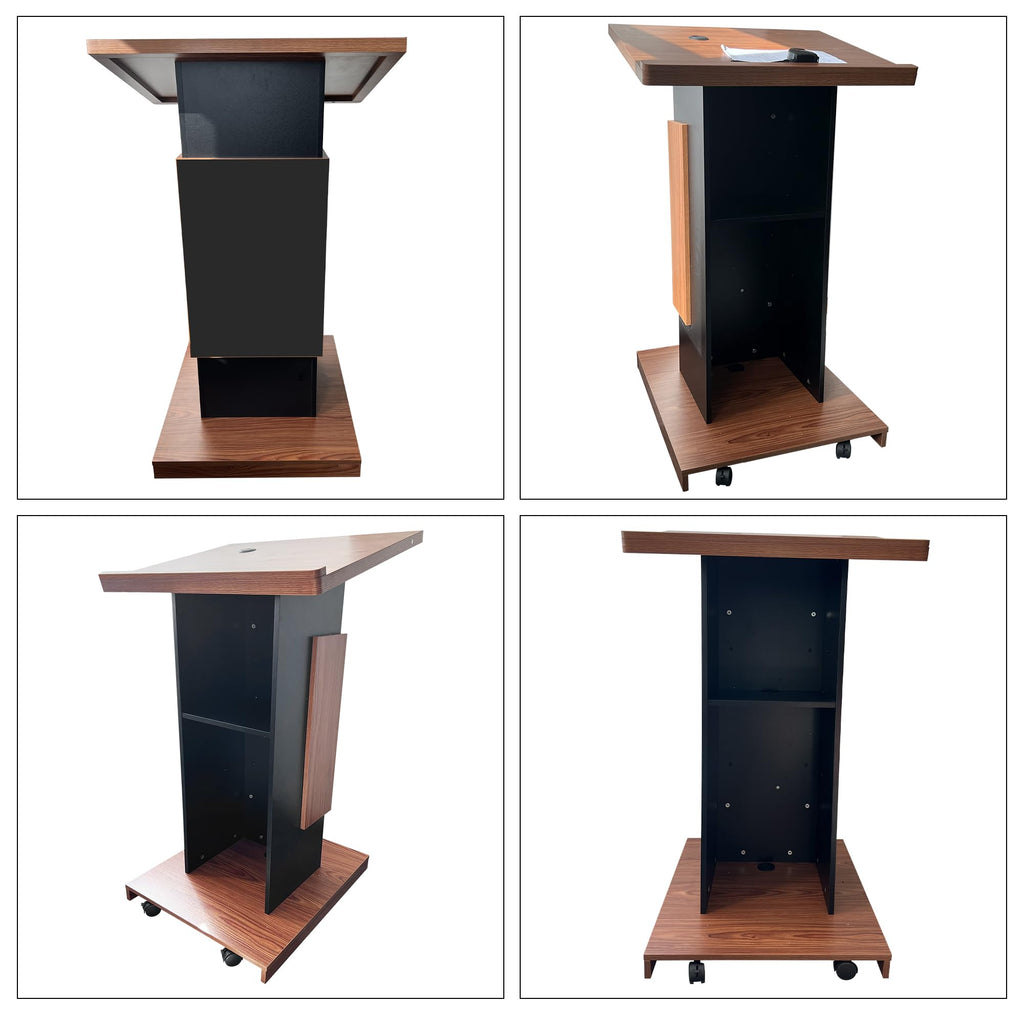 Customizable Wood Podium,Wooden Lectern Stand,15MM Particle Board,Elegant Design with Storage, Lockable Wheels, Mic Stand Space, Wooden Pulpit for Restaurants,Churches, Seminars and Schools