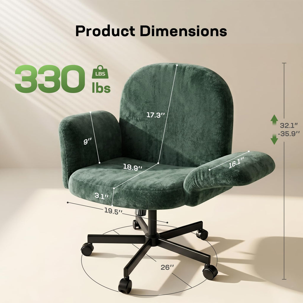 Criss Cross Office Chair with Adjustable Armrests & Wheels, Vanity Chair with Wide Cushion, Reclining Back, Soft Chenille Fabric, Desk Chair for Home Office, Makeup Room, Bedroom, Green
