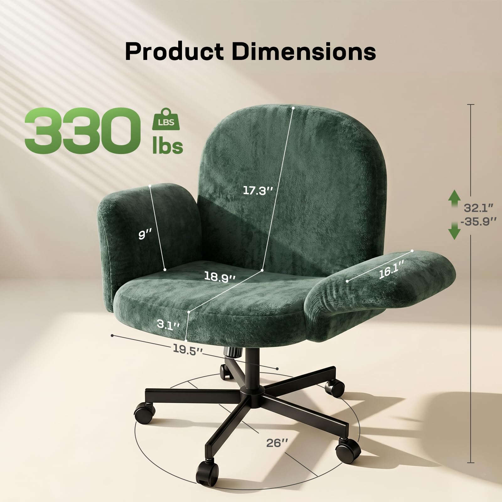 Criss Cross Office Chair with Adjustable Armrests & Wheels, Vanity Chair with Wide Cushion, Reclining Back, Soft Chenille Fabric, Desk Chair for Home Office, Makeup Room, Bedroom, Green