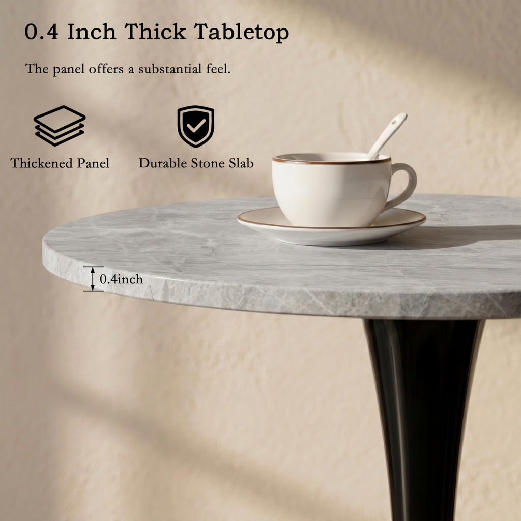 Sybrioka 27.6" Marble Round Tulip Table, Mid-Century Modern Style Dining Table with Black Pedestal Base for 2-4 People, Featuring A Marble Tabletop for Kitchen, Dining Room, Cafe (Light Grey)