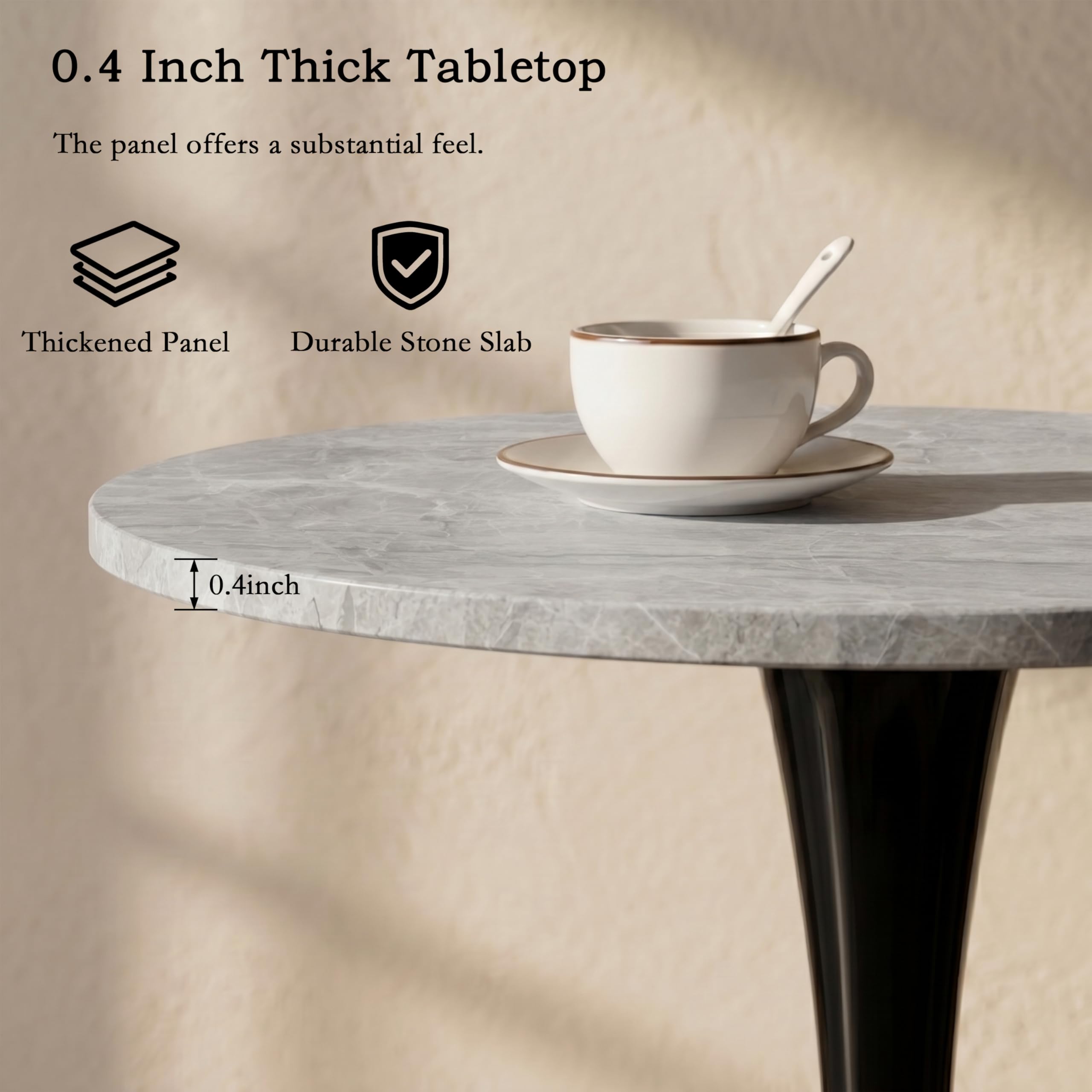 Sybrioka 27.6" Marble Round Tulip Table, Mid-Century Modern Style Dining Table with Black Pedestal Base for 2-4 People, Featuring A Marble Tabletop for Kitchen, Dining Room, Cafe (Light Grey)