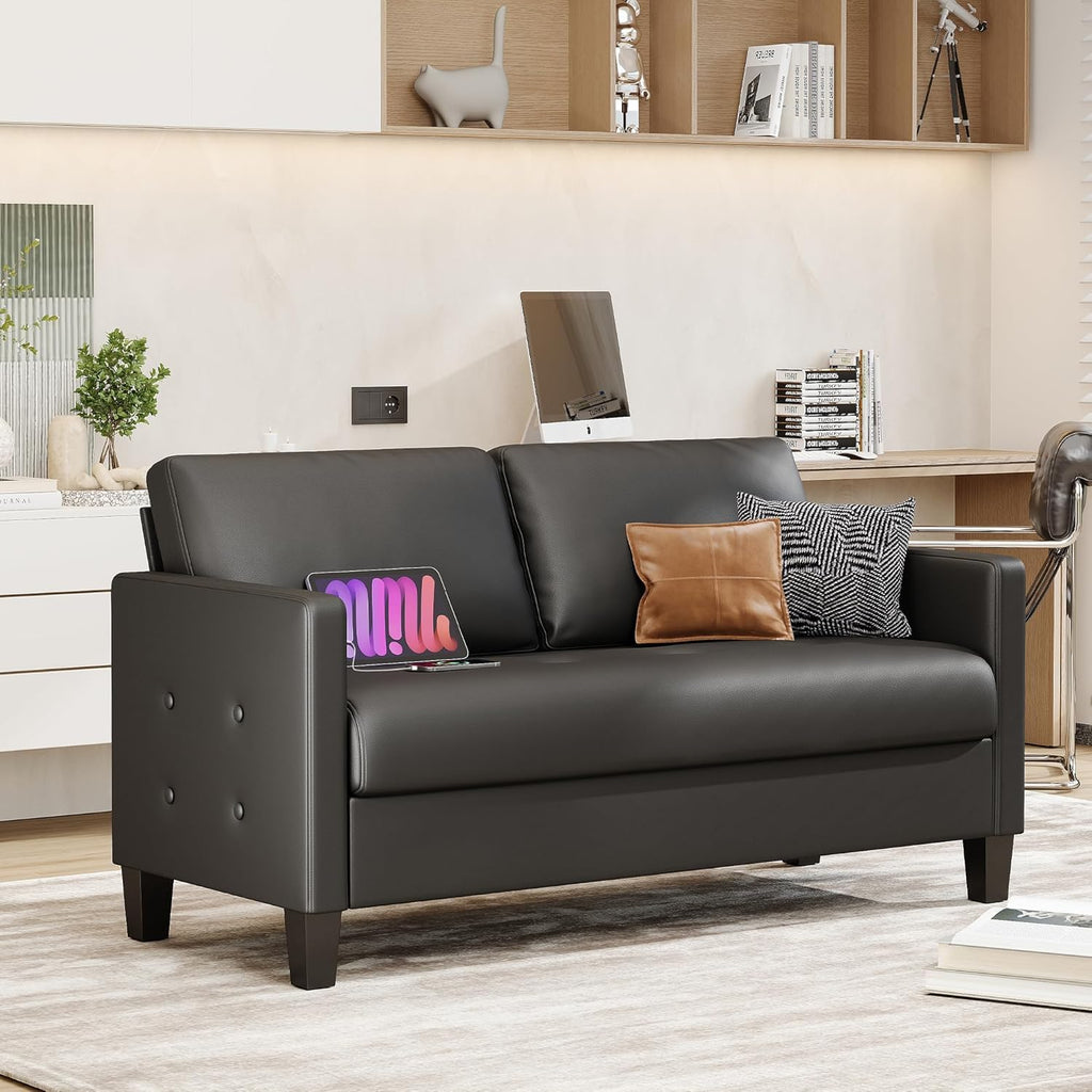59” Black Faux Leather Sofa Couch, Modern Comfy Office 2 Seater Couch Loveseat with USB & Tufted Armrest, Small Love Seat Couches for Living Room, Bedroom, Apartment