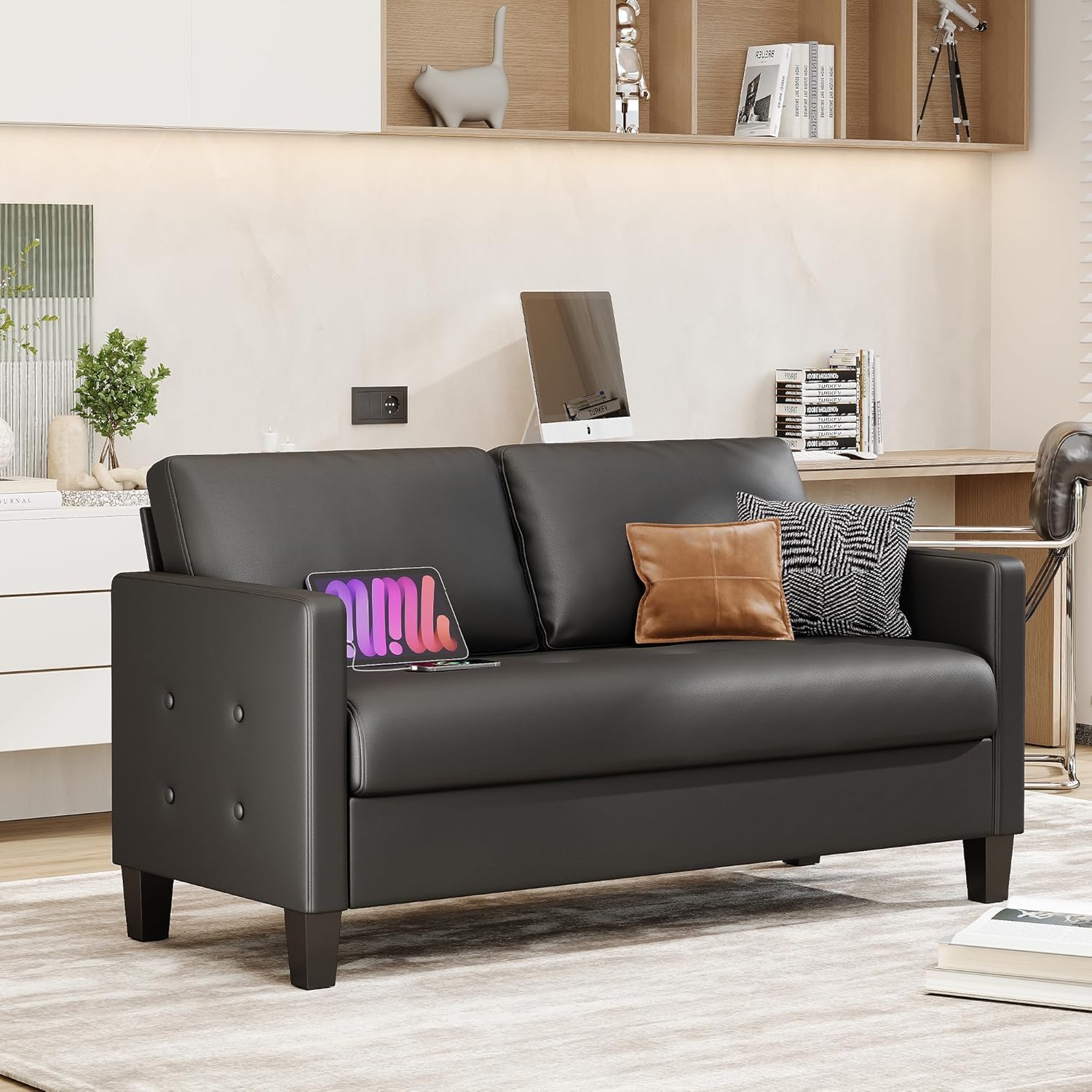 59” Black Faux Leather Sofa Couch, Modern Comfy Office 2 Seater Couch Loveseat with USB & Tufted Armrest, Small Love Seat Couches for Living Room, Bedroom, Apartment