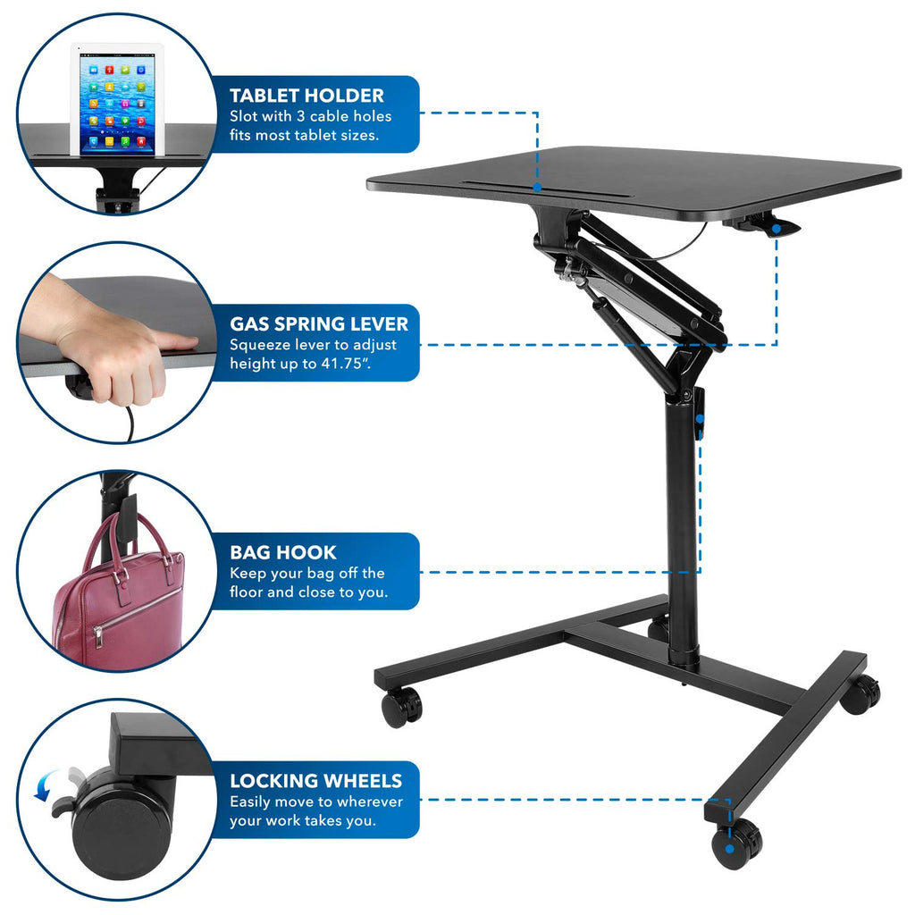 Mobile Standing Desk for Laptop with Wheels, Gas Spring Height Adjustable Rolling Workstation Cart, 27" x 20" Laptop Desk on Wheels, Portable Computer Desk for Home Office, Classroom