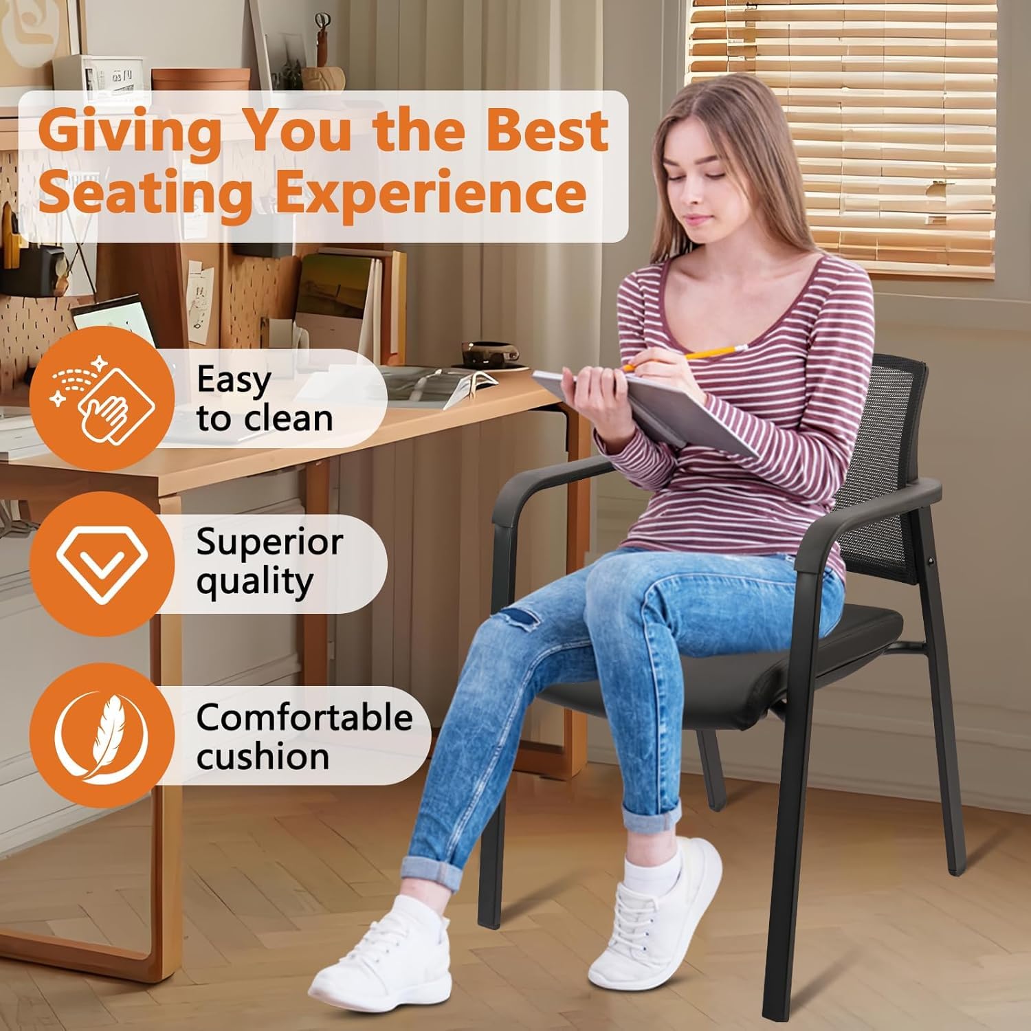 Set of 8, Stackable Office Chair, Mesh Back Guest Chairs with Comfortable Leather Seat Arms Stacking Ergonomic Desk Chair No Wheels for Conference Waiting Reception School Stationary, Black