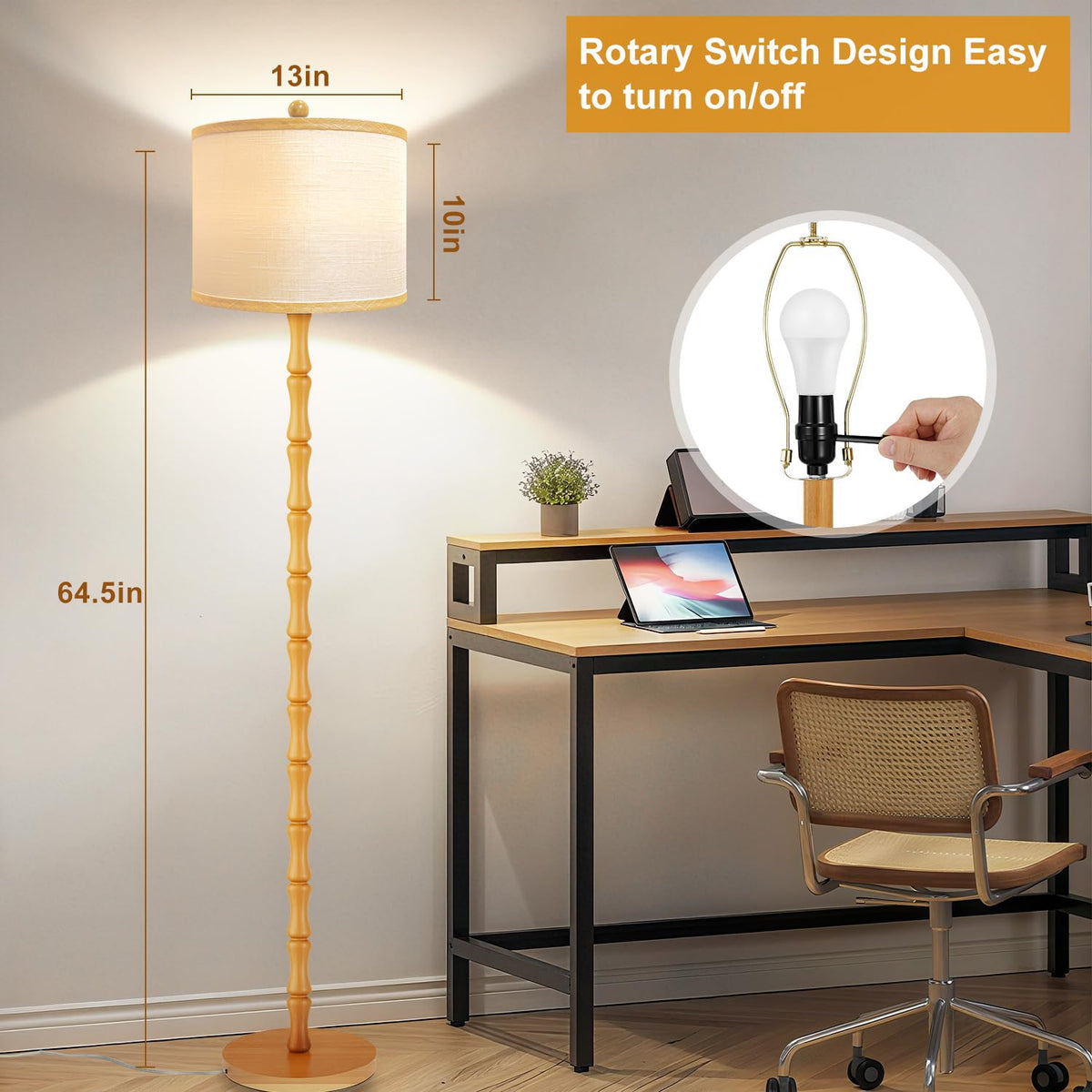 Vintage Wood Floor Lamps with Rotary Switch, 3 Color Temperatures Bulb,Modern Farmhouse Floor Lamps for Living Room,Rustic Standing Lamp for Bedroom,Tall Lamp for Office Corner Nursey Decor