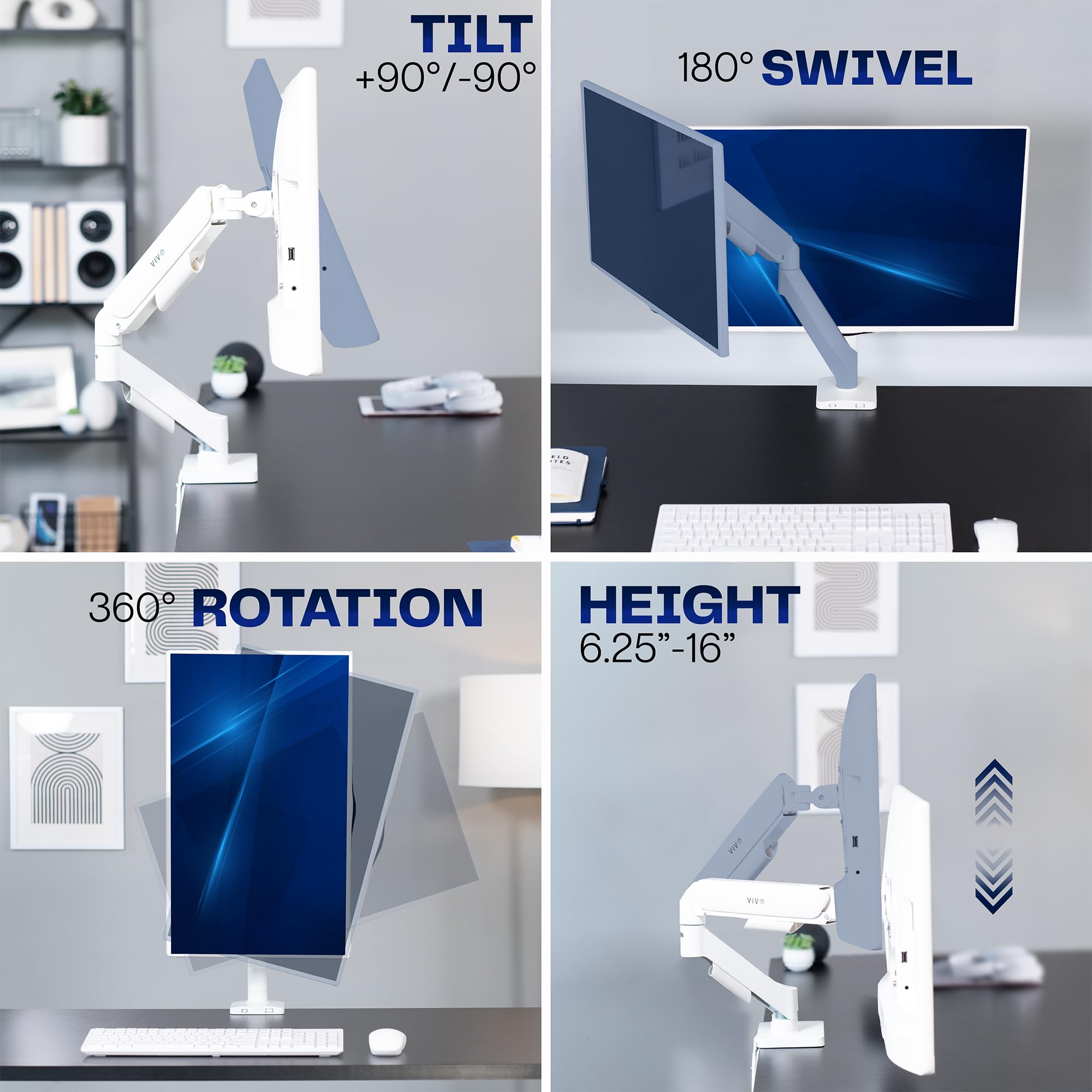 Single Monitor Stand, Fully Adjustable Arm for 17 to 32 inch Screen, Mechanical Articulating Desk Mount, Gaming and Office Setups, VESA 75x75, 100x100, Max 19.8 lbs, Classic, White, STAND-V001OW
