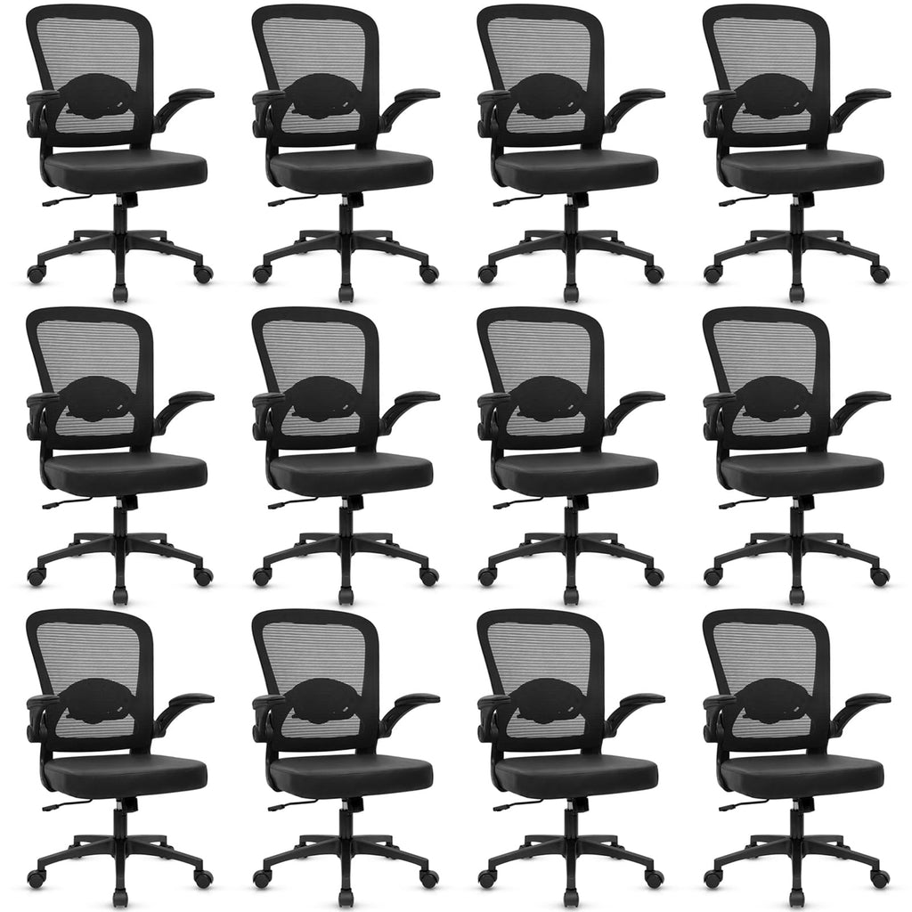 Desk Chairs with Wheels, Ergonomic Mesh Back PU Leather Seat Home Office Adjustable Lumbar Support and Height Swivel Rolling Computer Task Chair with Flip Up Arms for Conference, Black, 12PK