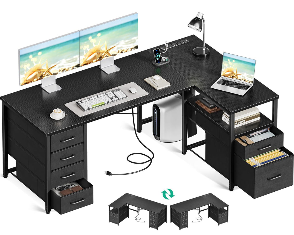 L Shaped Computer Desk with 6 Drawers & Power Outlet, 55 Inch Corner Desk with Reversible Storage Shelf & File Drawer, Home Office Desk, Black