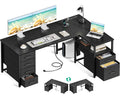 L Shaped Computer Desk with 6 Drawers & Power Outlet, 55 Inch Corner Desk with Reversible Storage Shelf & File Drawer, Home Office Desk, Black