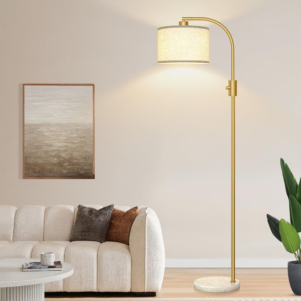Upgraded Modern Arc Dimmable Tall Standing Floor Lamp with Marble Base & Linen Shade, 1200 Lumens LED Bulb Included, for Living & Reading Room, Bedroom, Office & Nursery, Gold