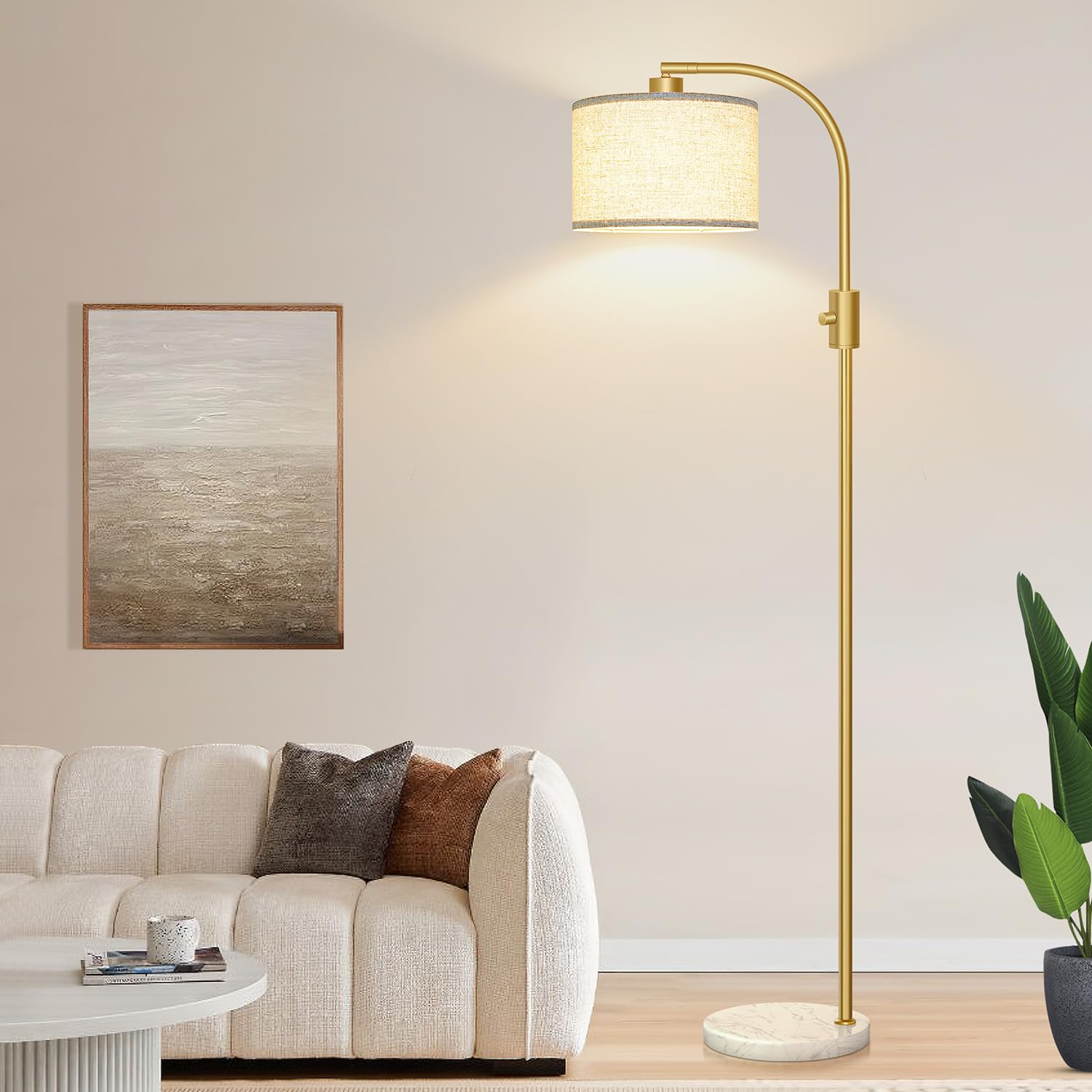 Upgraded Modern Arc Dimmable Tall Standing Floor Lamp with Marble Base & Linen Shade, 1200 Lumens LED Bulb Included, for Living & Reading Room, Bedroom, Office & Nursery, Gold