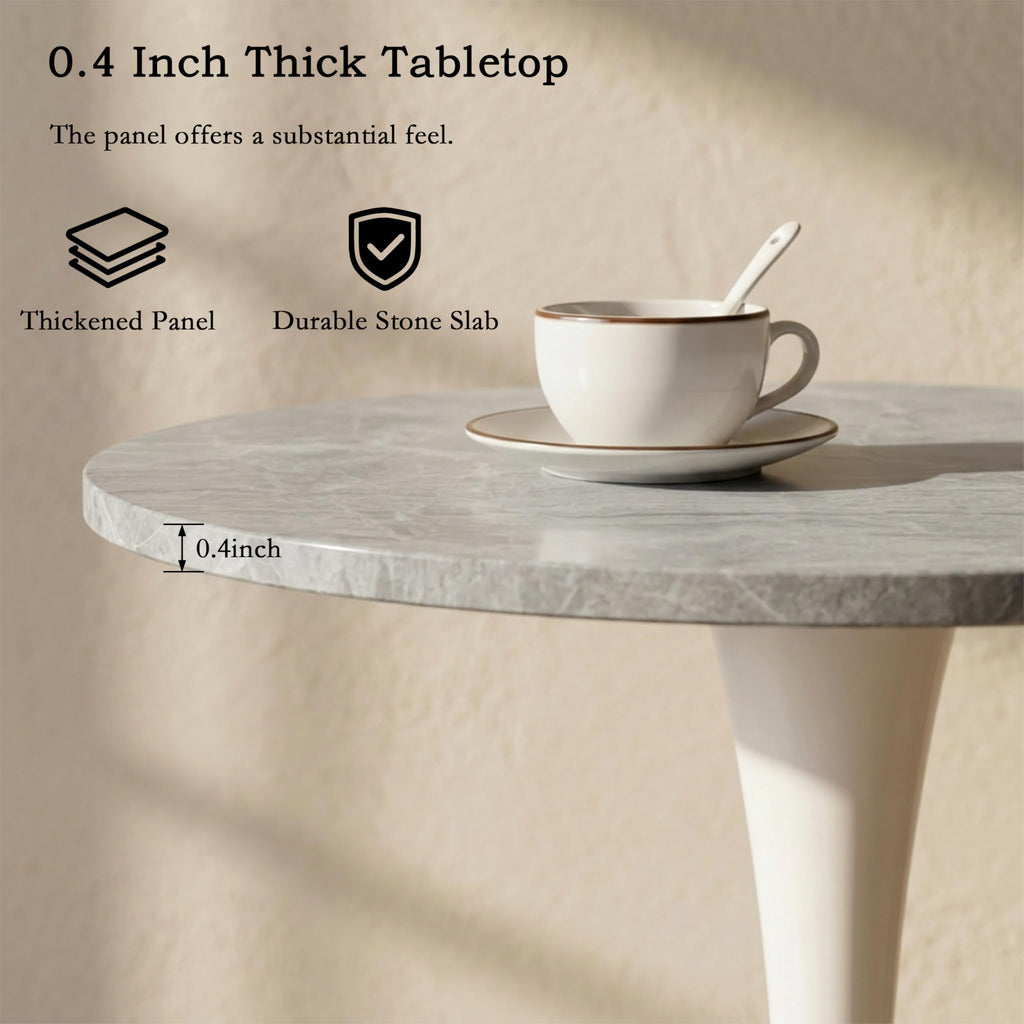 Sybrioka 27.6" Marble Round Tulip Table, Mid-Century Modern Style Dining Table with White Pedestal Base for 2-4 People, Featuring A Marble Tabletop for Kitchen, Dining Room, Cafe (Light Grey)
