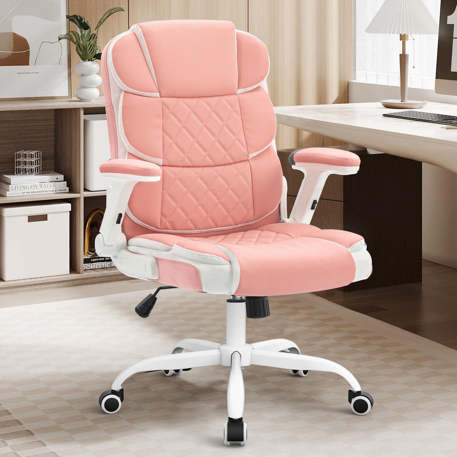 Pink Office Chair Ergonomic Desk Chair with Lumbar Support, Flip-Up Arms, Adjustable Swivel Computer Chair with Wheels, Comfortable PU Leather Cute Office Chair for Home Office Small Space