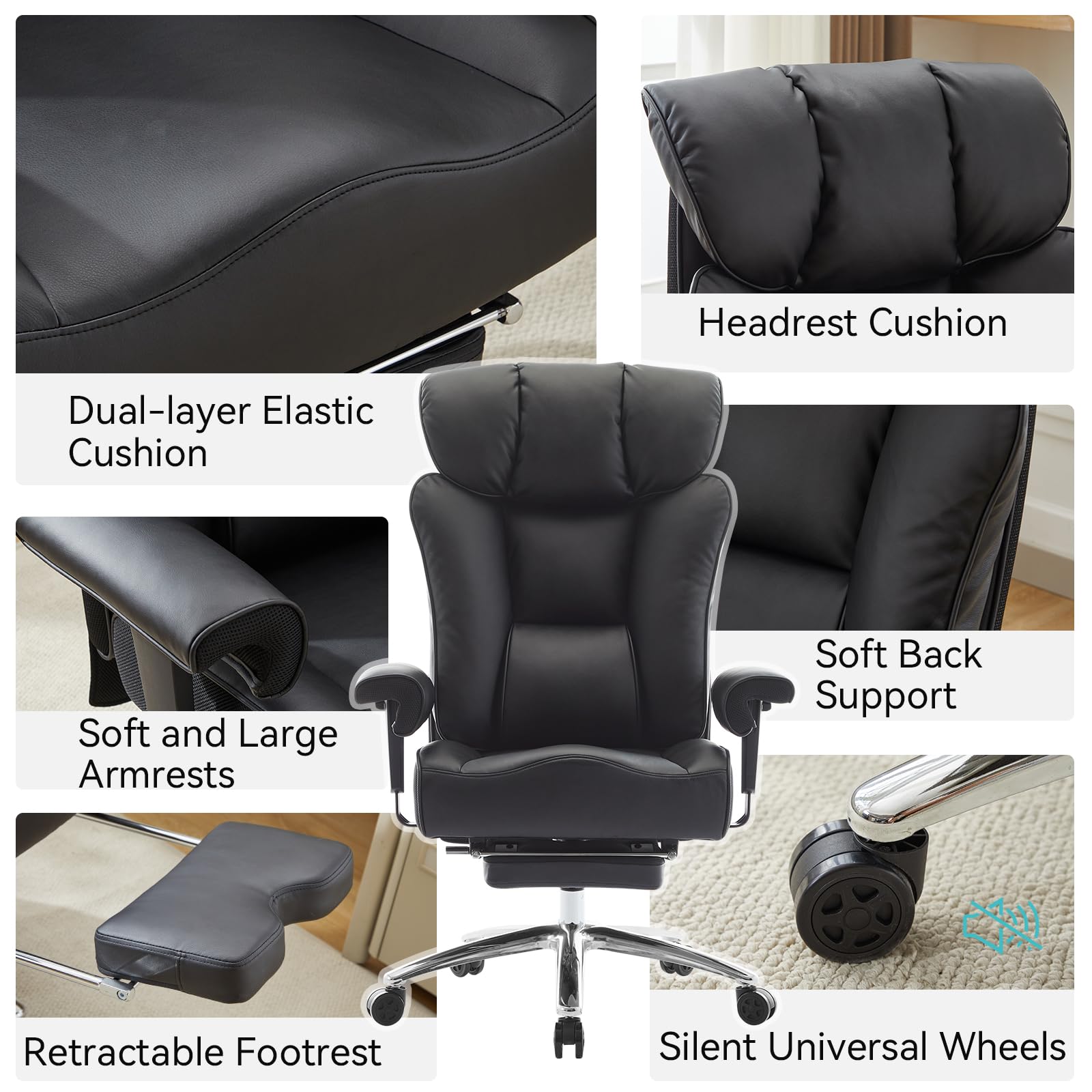 Big and Tall Office Chair with Footrest, 450lbs High Back Executive Chair with Spring Cushion, PU Leather Upholstery, Padded Armrests, Swivel Base, and Rolling Wheels – Black Computer Chair