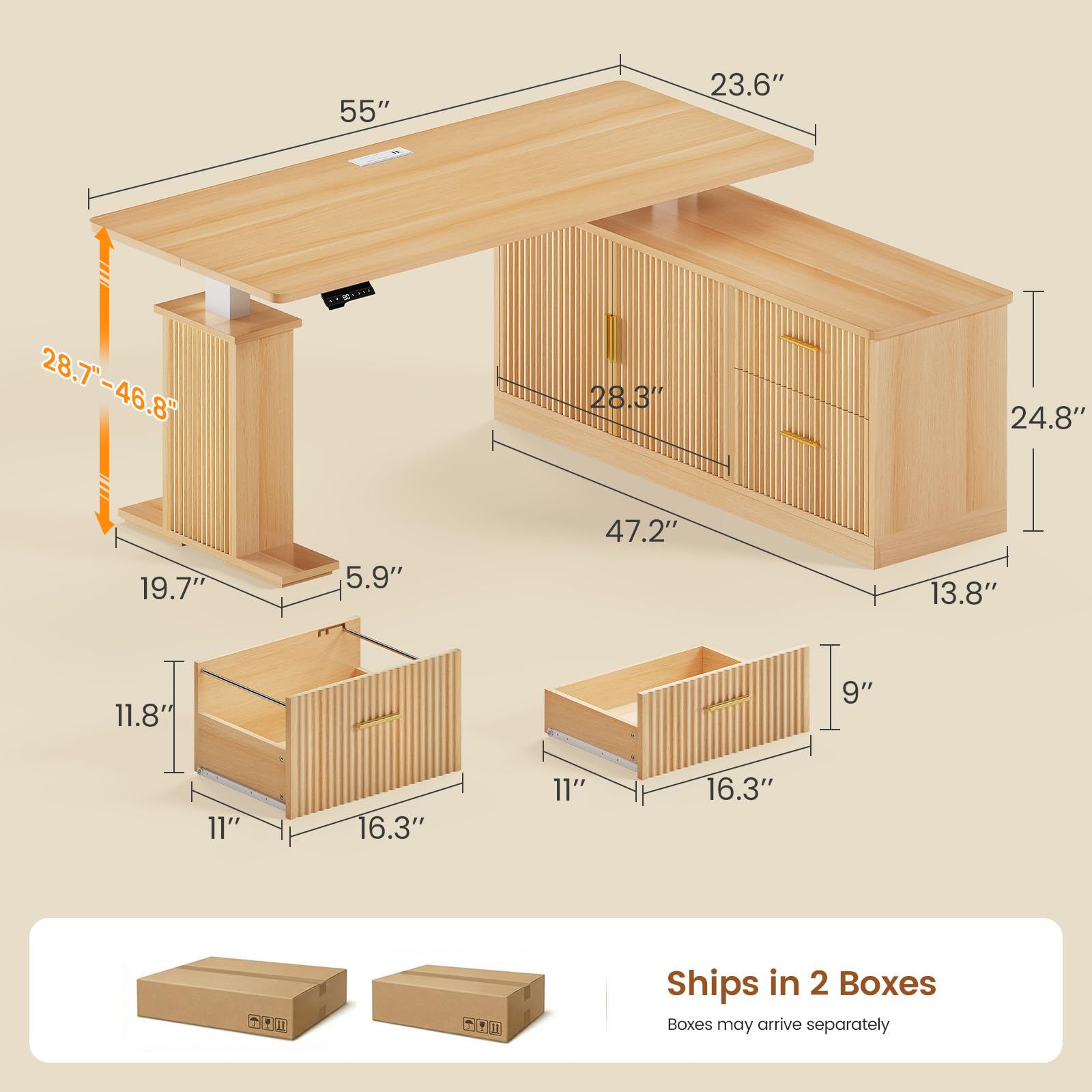 L Shaped Electric Standing Desk, 55 inch Height Adjustable Office Executive Desk with Storage Drawers, Fluted Sit Stand Corner Computer Desk with Power Outlets for Home Office, Oak