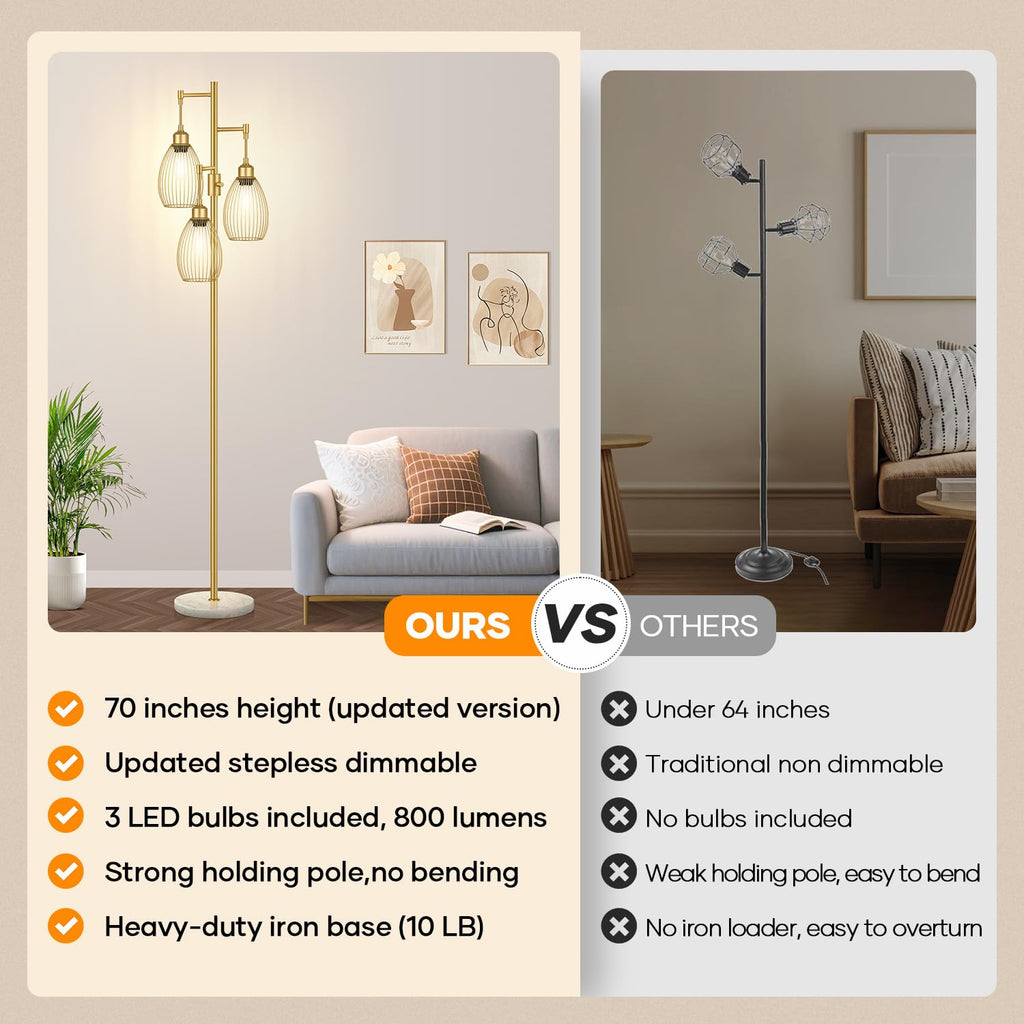 Floor Lamp,3x800LM LED Bulbs Included, Farmhouse Industrial Floor Lamp Standing Tree Lamp with Teardrop Cage Head Tall Lamp for Living Room Bedroom Office Dining Room - Gold & Marble Base