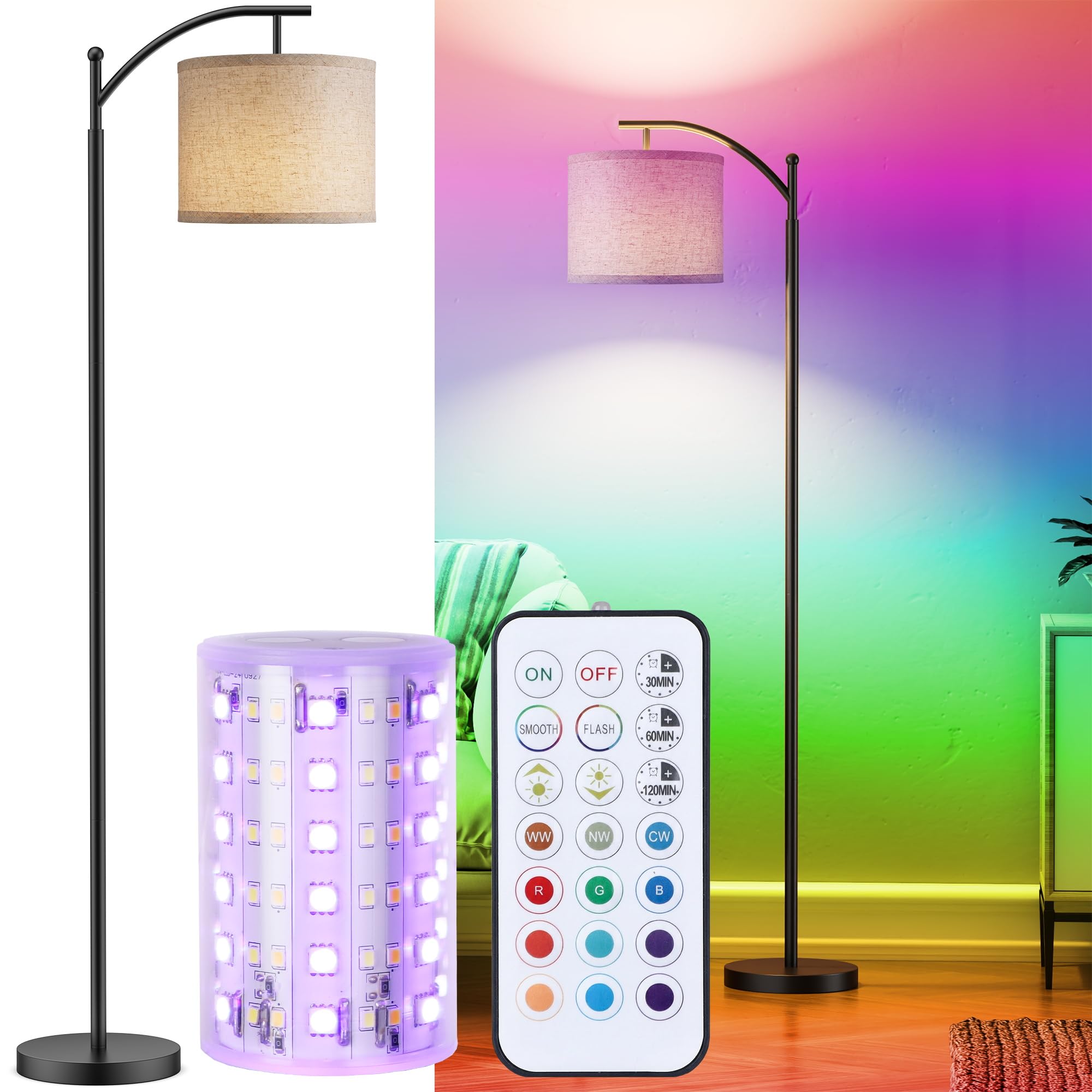 Battery Operated Floor Lamp, RGB Dimmable Cordless Standing Lamp with Remote Control for Living Room, Tall Floor Lamp for Bedroom -Black