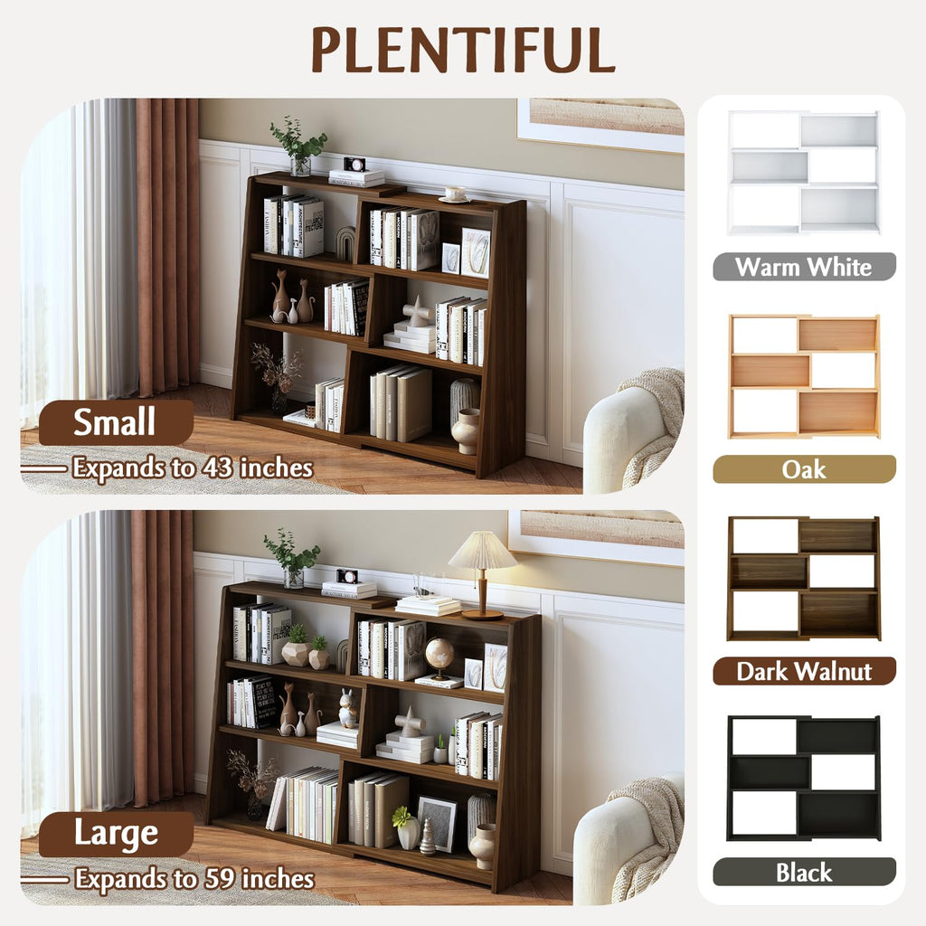 Wooden Extendable Shelf Bookcase, 3-Tier Low Bookshelf, Walnut, L