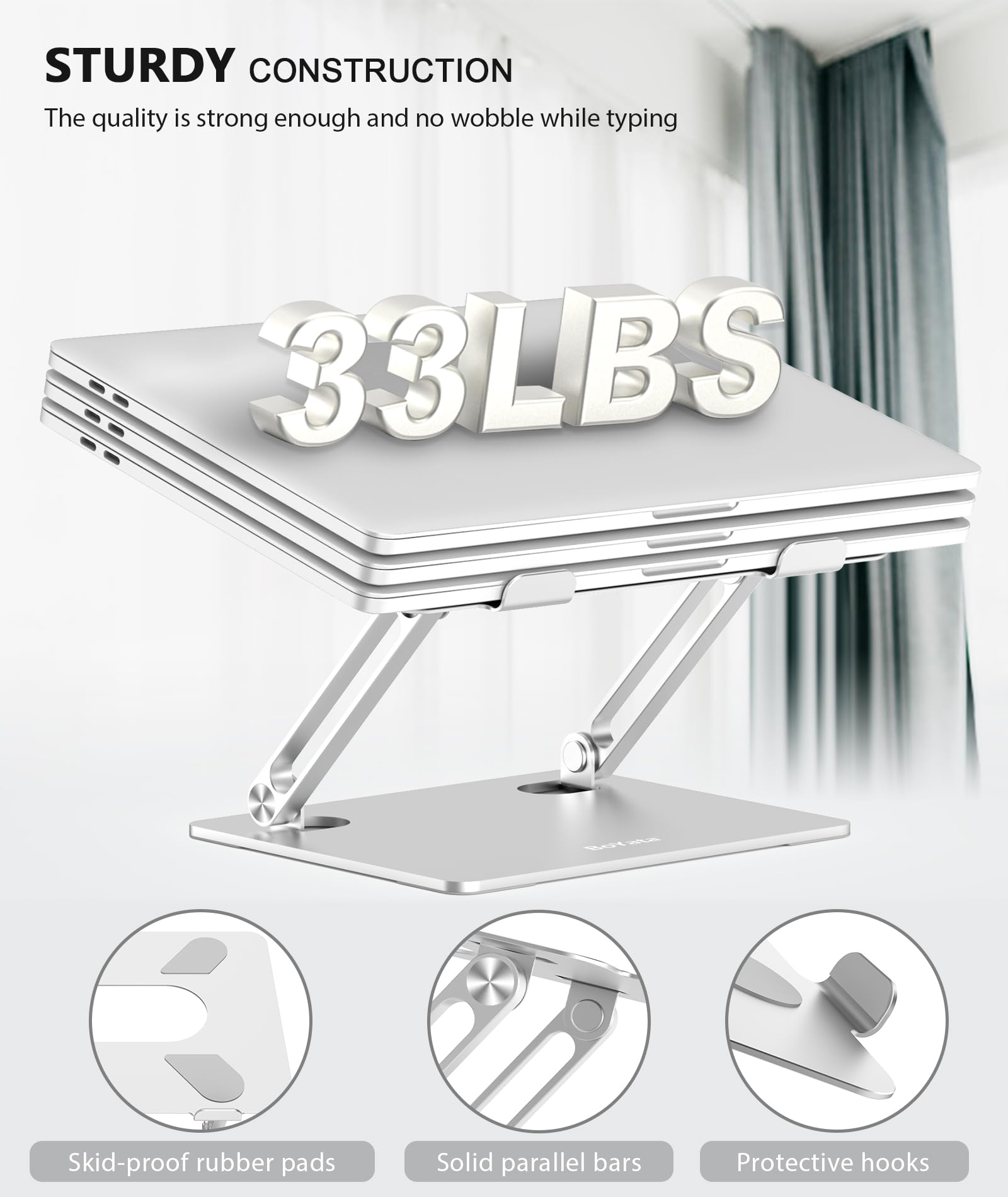 Laptop Stand, Adjustable Multi-Angle Laptop Holder, Compatible for Laptops up to 17 inches, Sturdy Aluminum & Silicone, Silver