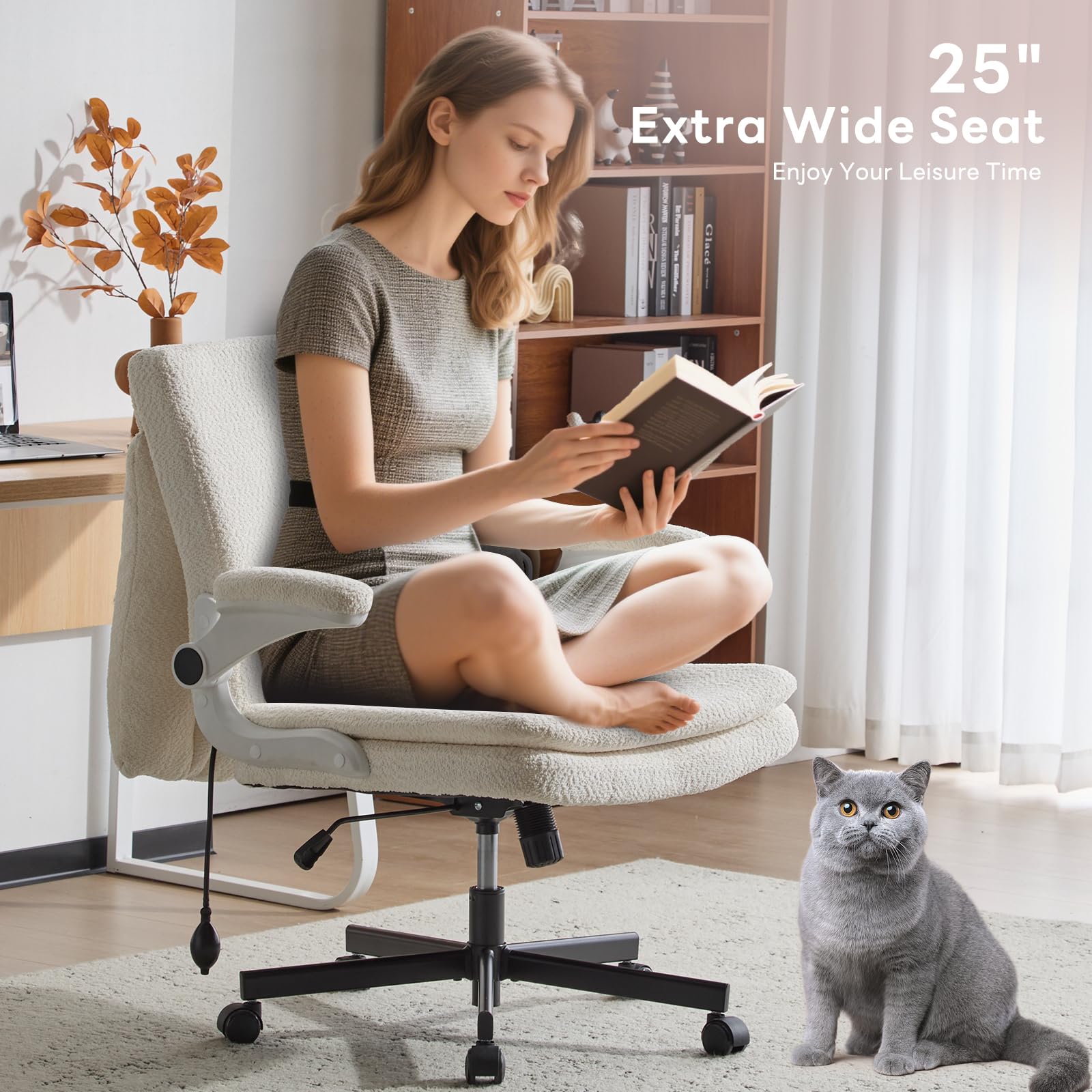 Criss Cross Office Chair with 2 in 1 Inflatable Flip-up Back, Ergonomic Wide Seat Desk Chair with Adjustable Arms and Wheels, Cross Legged Office Chair for Home & Office, Beige