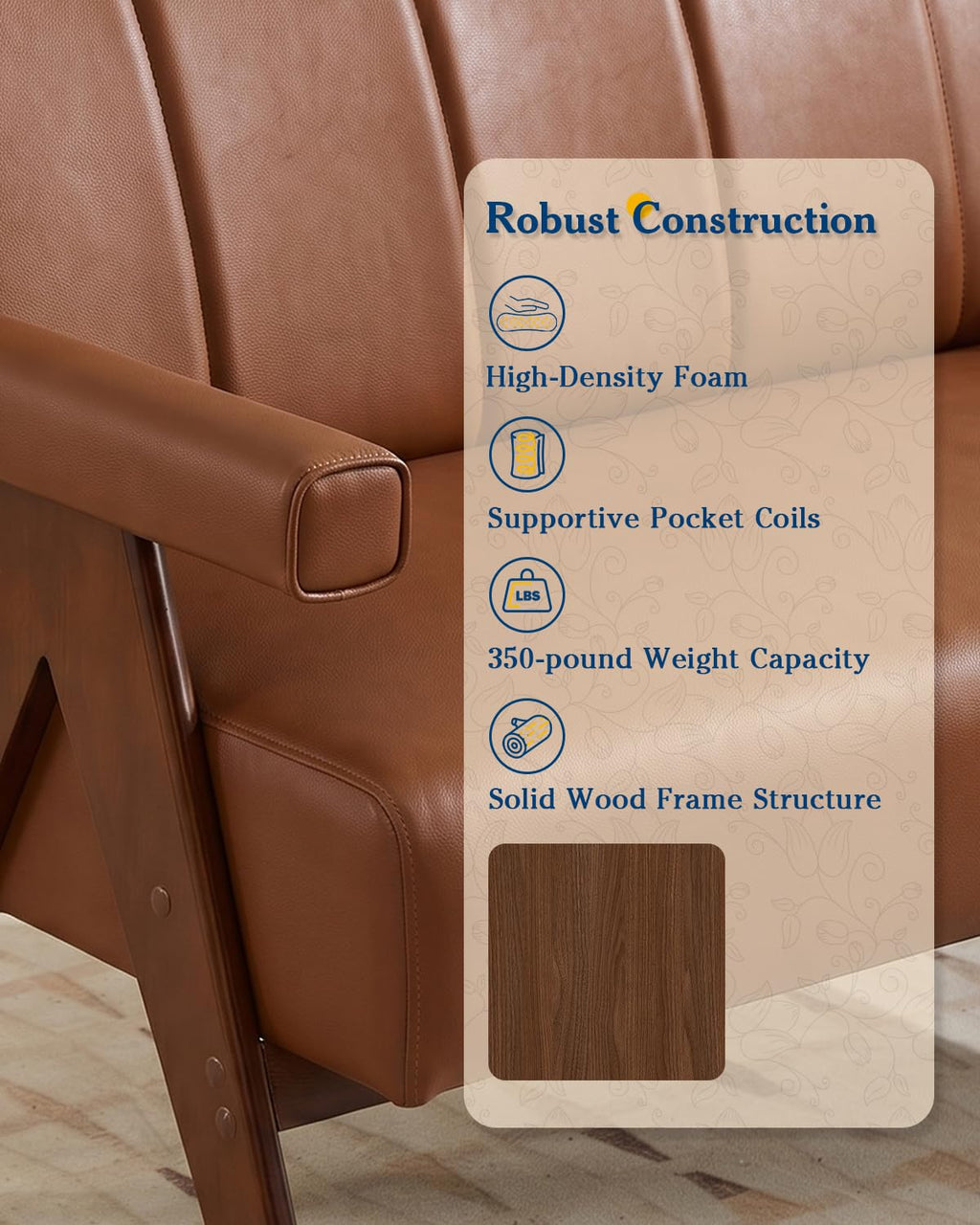 Mid Century Modern Accent Chairs Set of 2, Solid Wood Frame Brown Leather Armchairs, Modern Reading & Living Room Chairs for Office Guest & Waiting Room